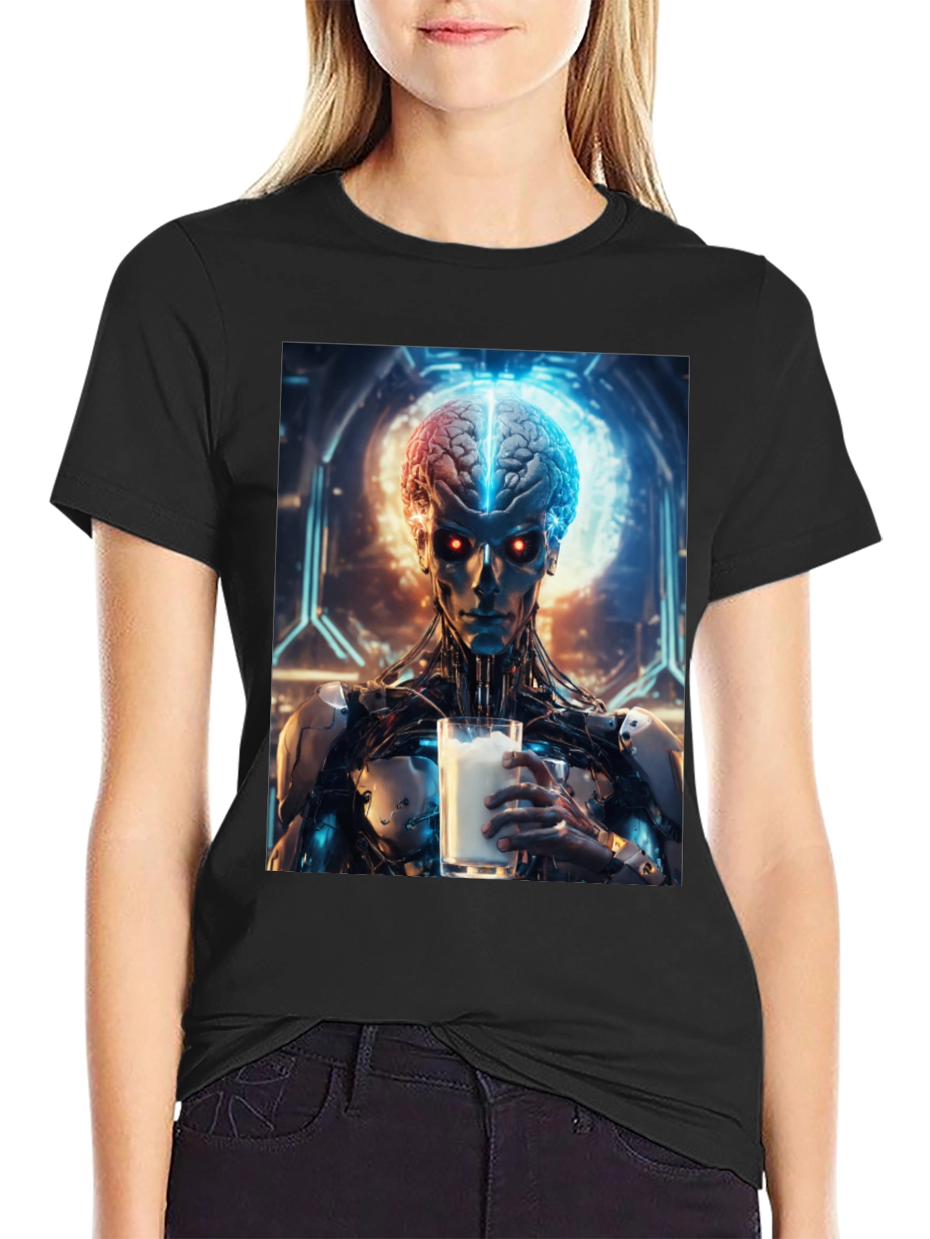 Cyborg Brain Milk T-Shirt - Futuristic Sci-Fi Design