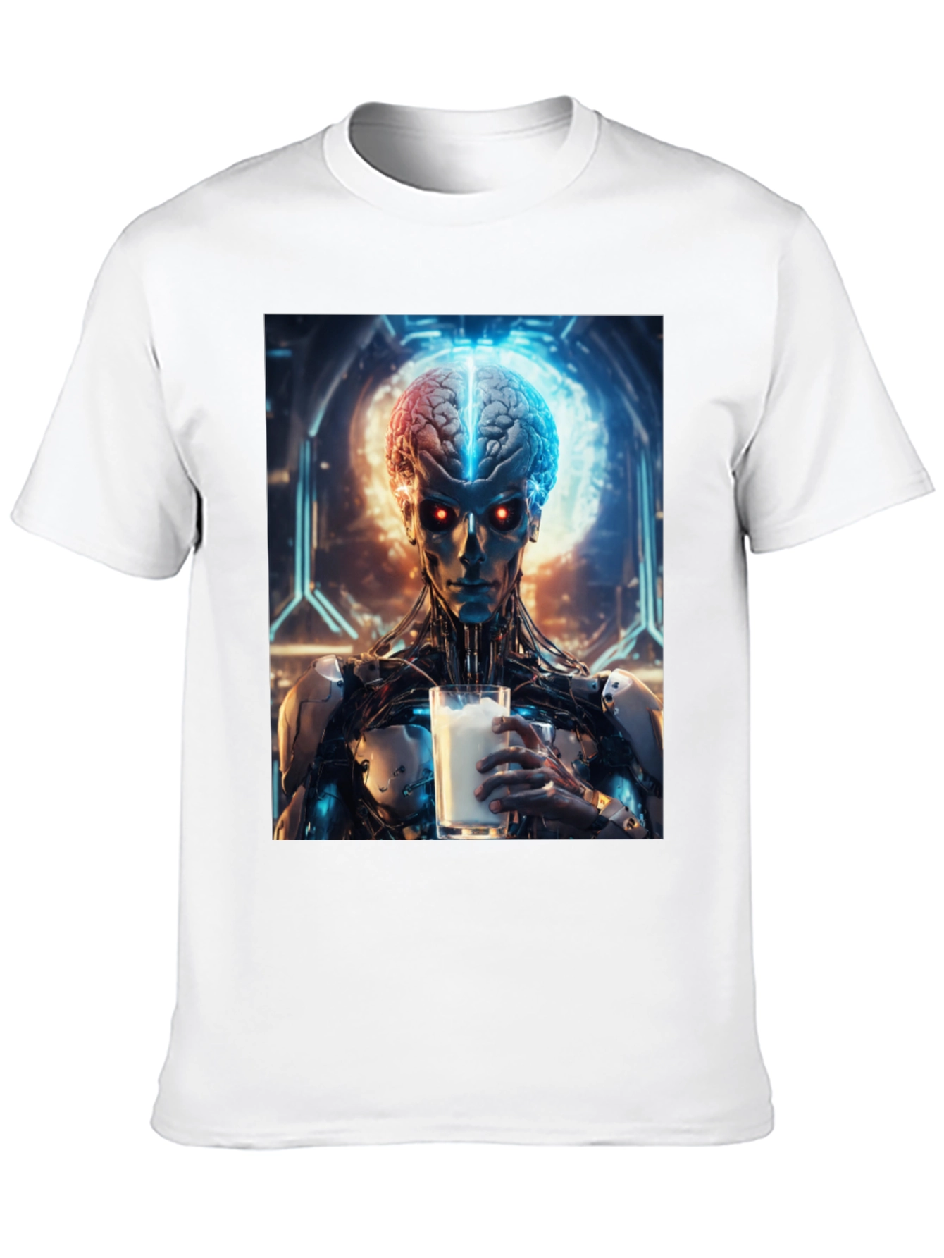 Cyborg Brain Milk T-Shirt - Futuristic Sci-Fi Design
