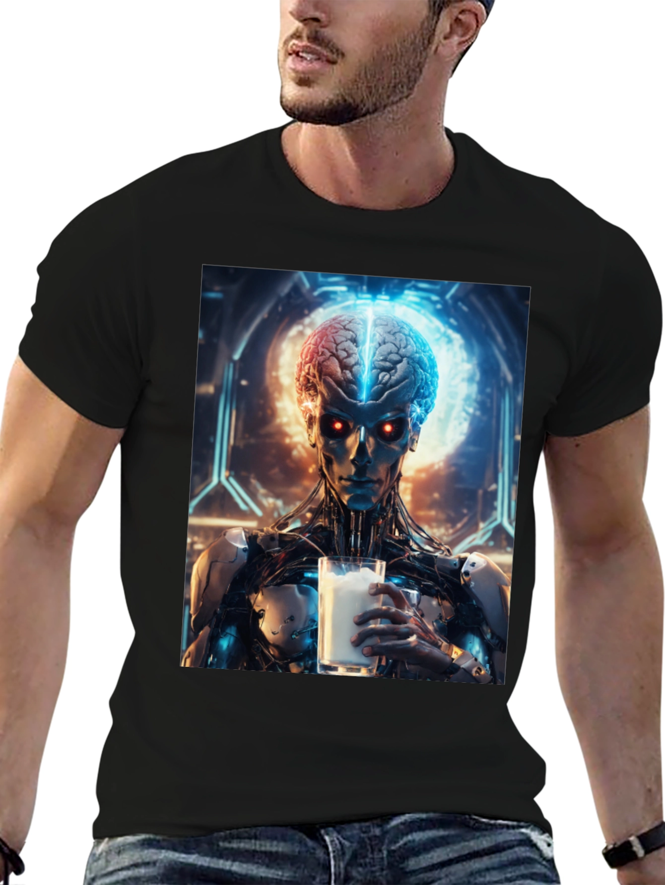 Cyborg Brain Milk T-Shirt - Futuristic Sci-Fi Design