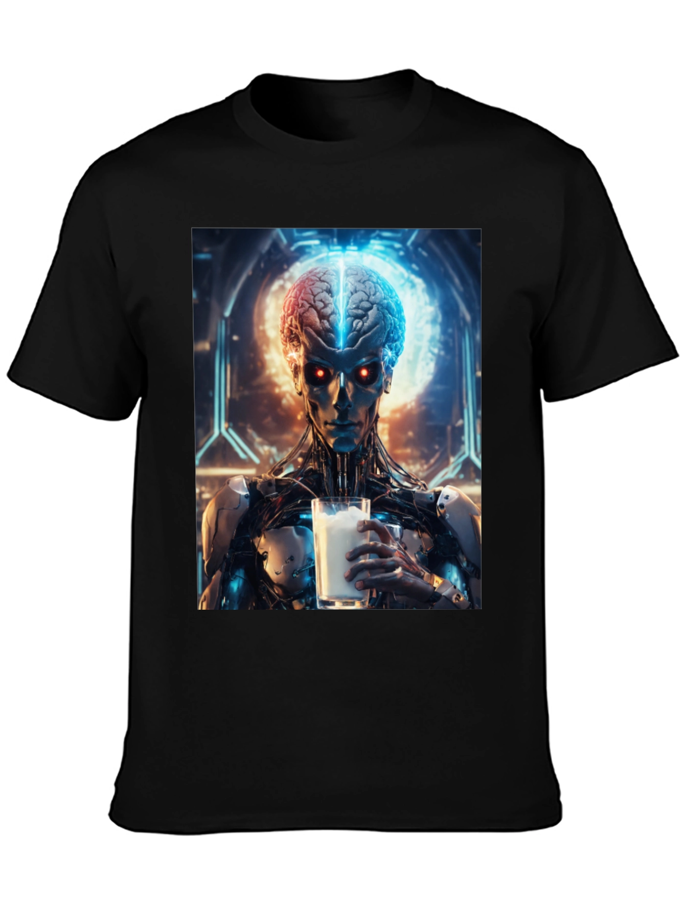 Cyborg Brain Milk T-Shirt - Futuristic Sci-Fi Design