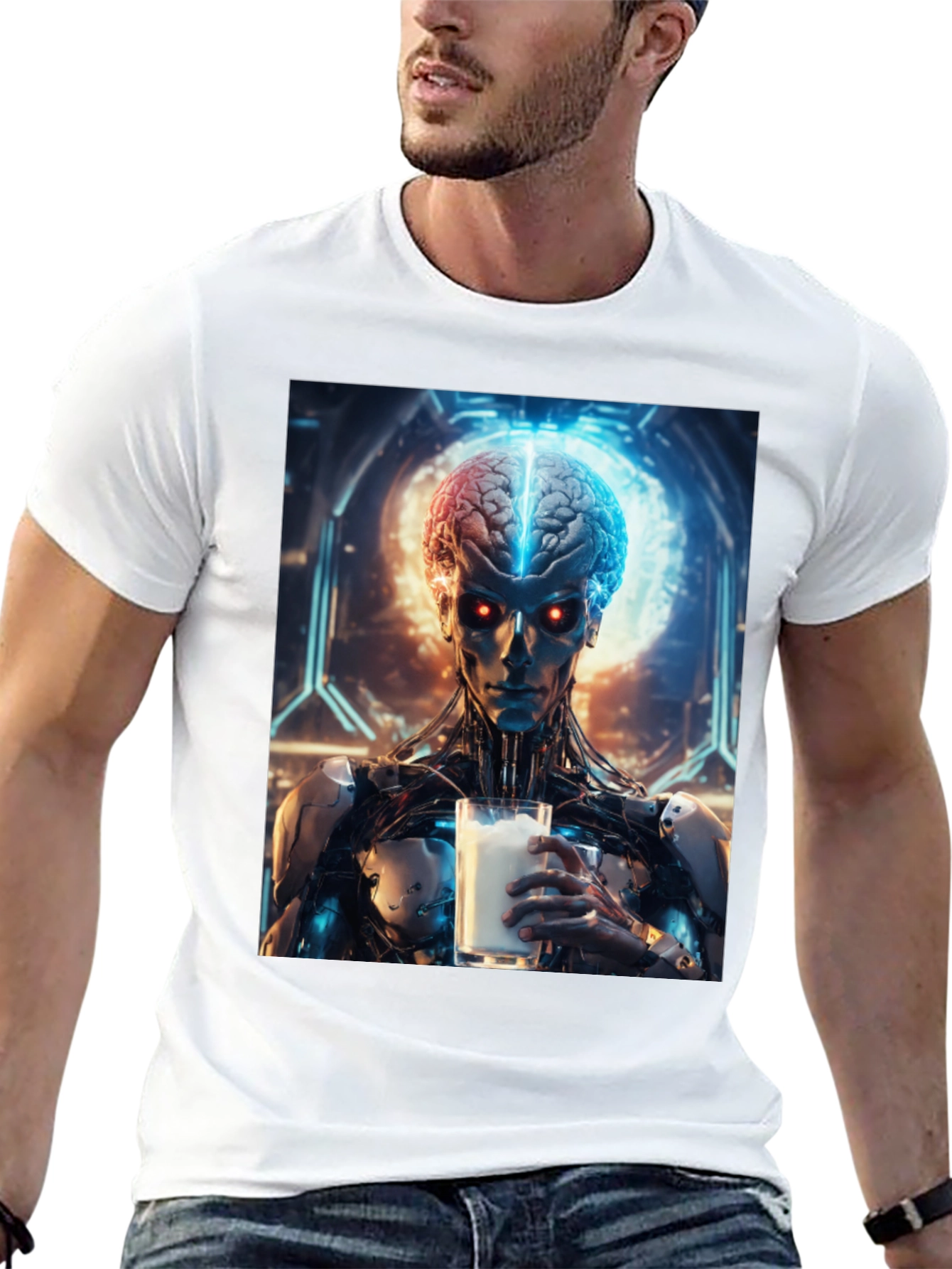 Cyborg Brain Milk T-Shirt - Futuristic Sci-Fi Design