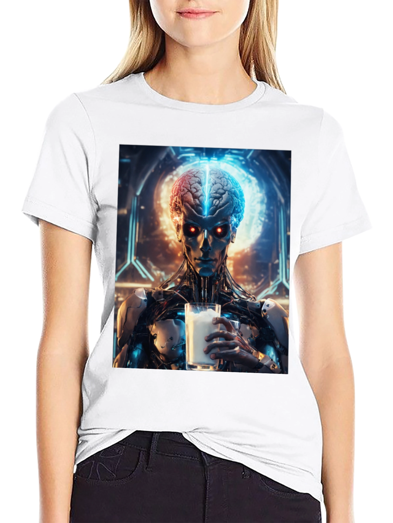 Cyborg Brain Milk T-Shirt - Futuristic Sci-Fi Design
