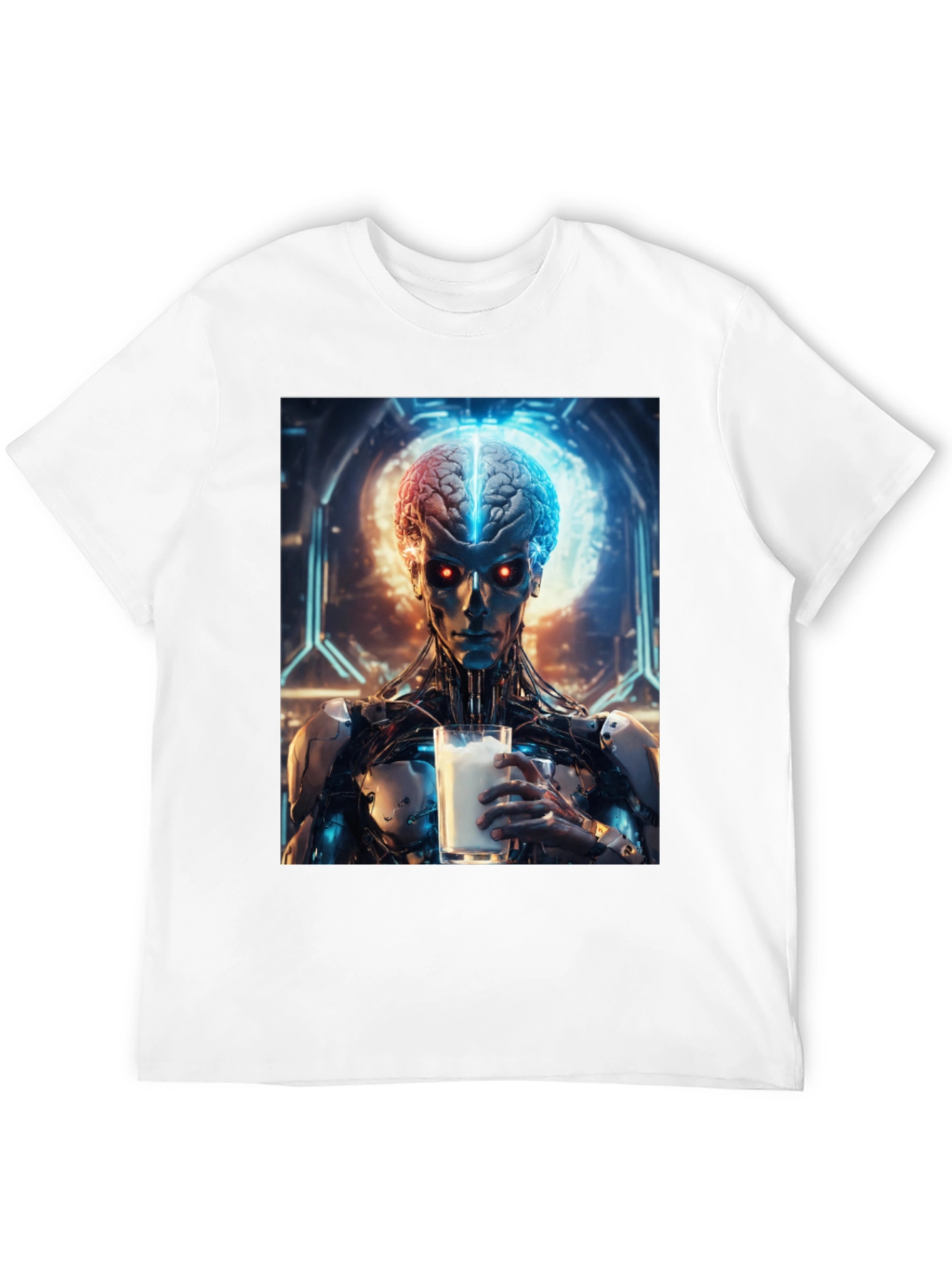 Cyborg Brain Milk T-Shirt - Futuristic Sci-Fi Design
