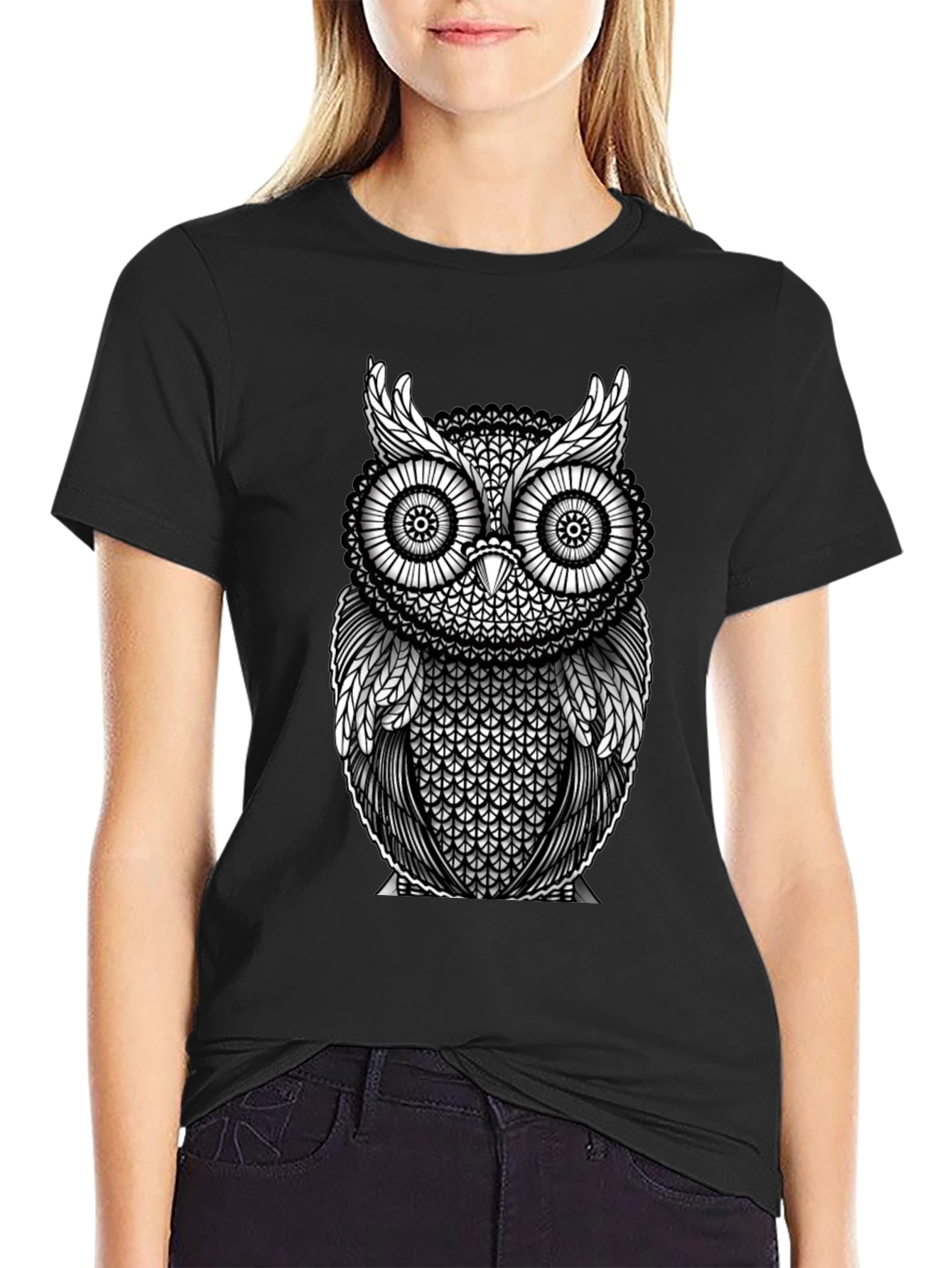 Owl Graphic Print Black T-Shirt