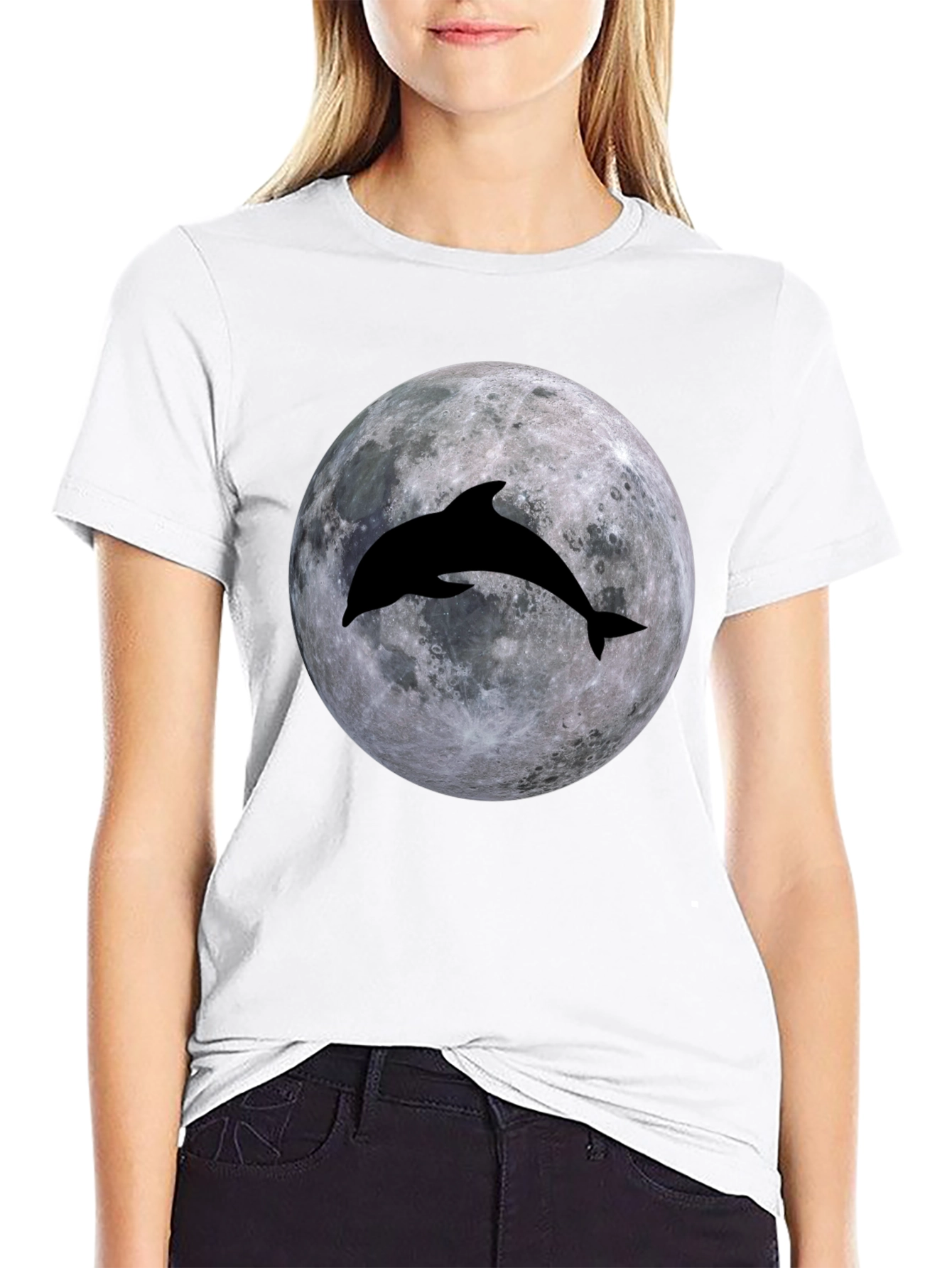 Dolphin Moon Graphic T-Shirt - Black