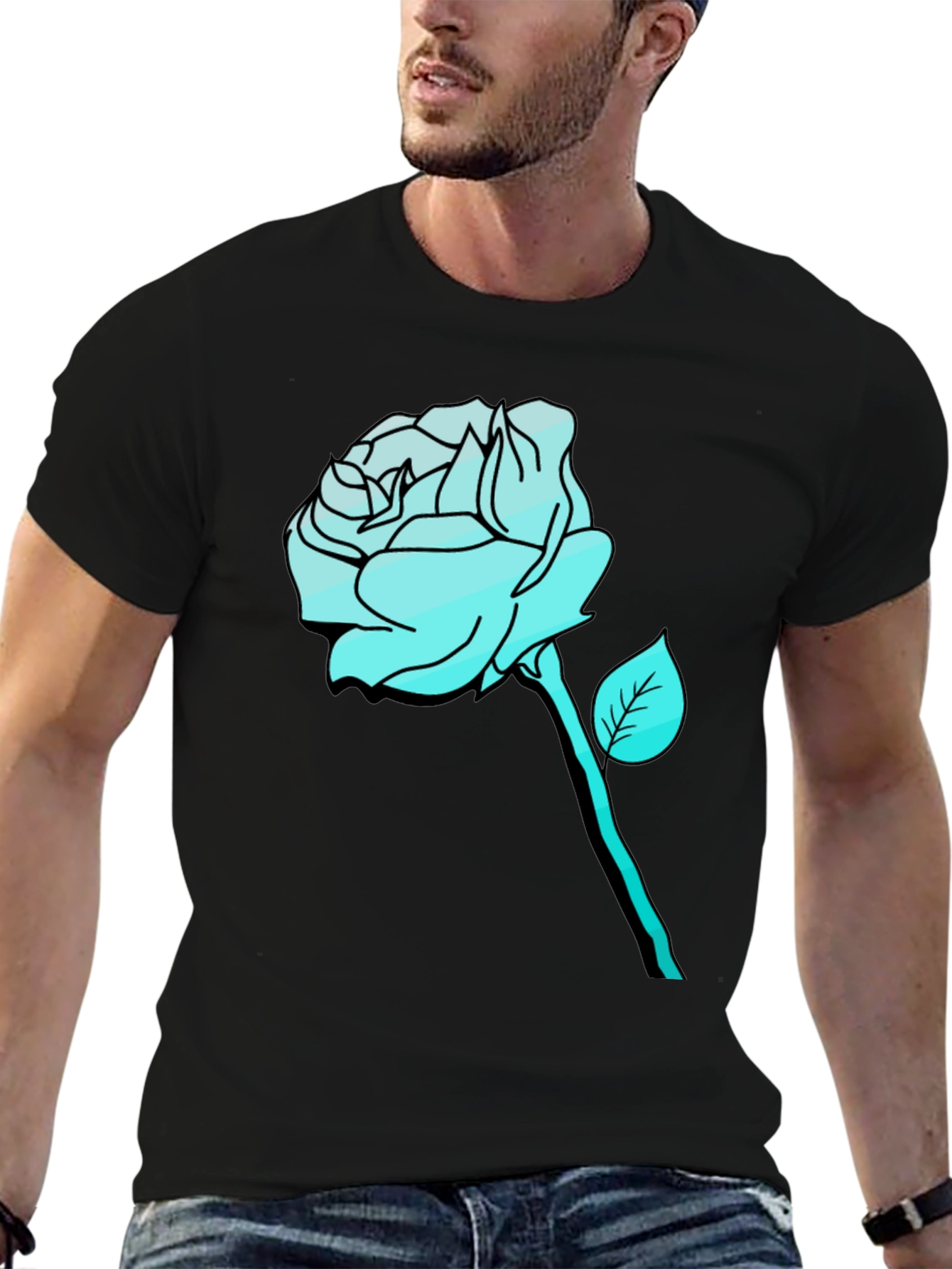 Mens Black T-Shirt with Aqua Rose Graphic