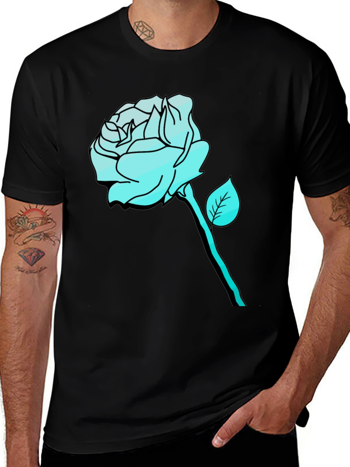 Mens Black T-Shirt with Aqua Rose Graphic