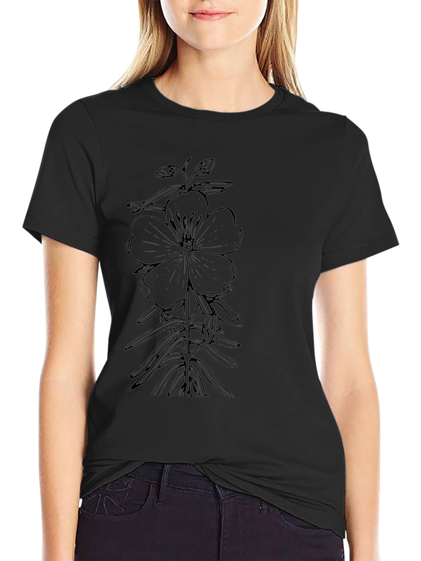 Botanical Flower Graphic Black T-Shirt