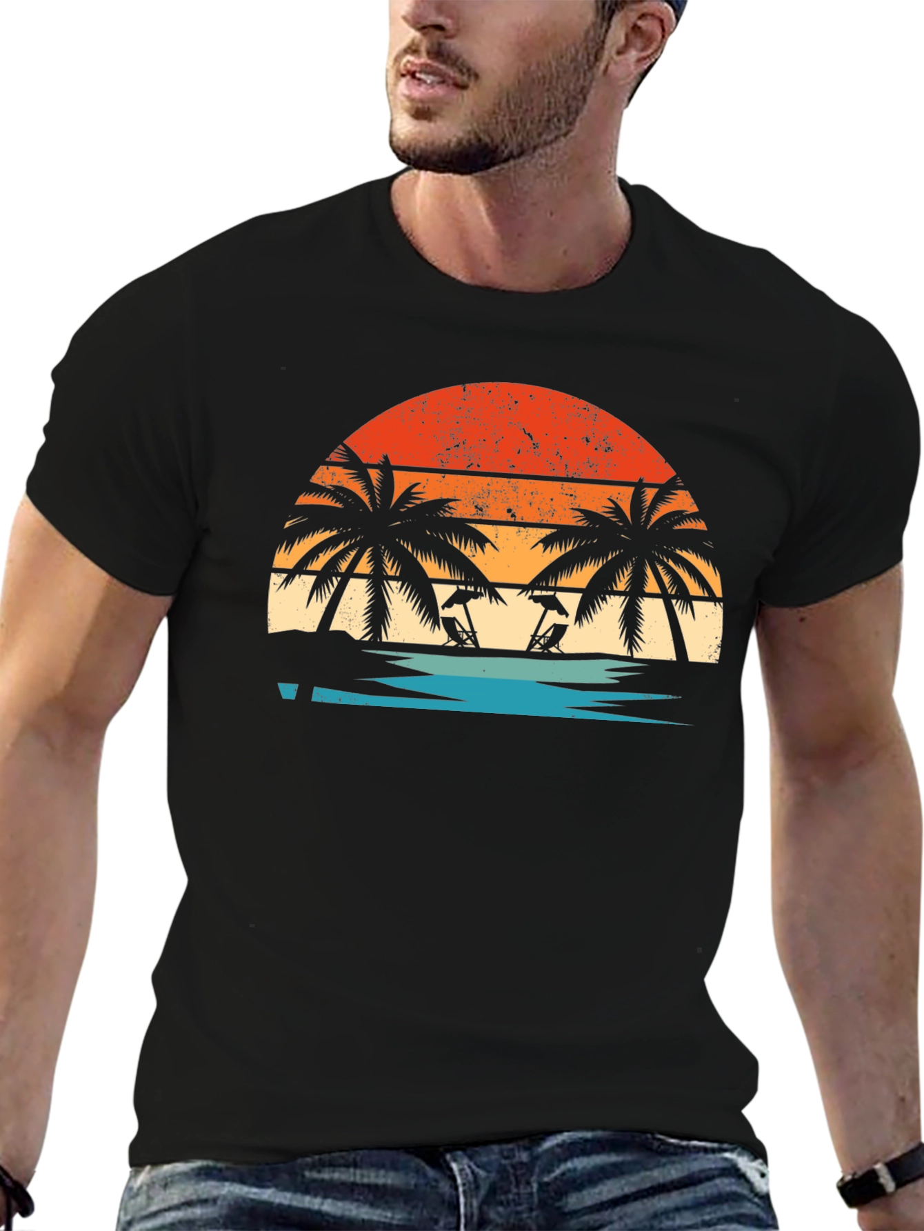 Sunset Beach Palm Tee - Retro Summer Vibes