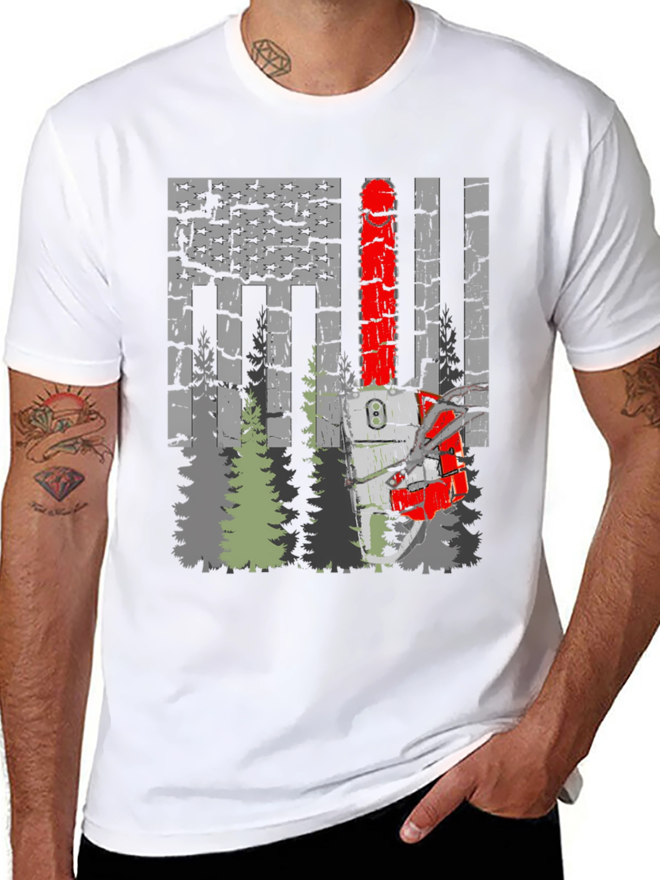 Chainsaw American Flag Forest T-Shirt