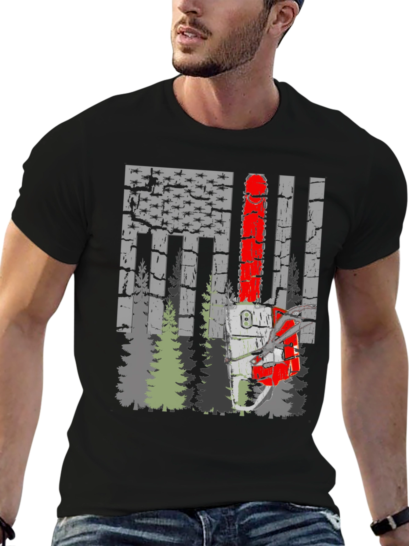 Chainsaw American Flag Forest T-Shirt