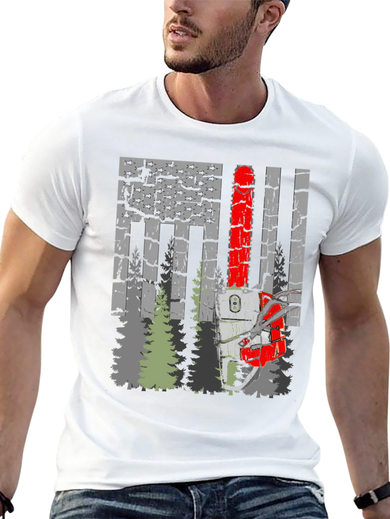 Chainsaw American Flag Forest T-Shirt