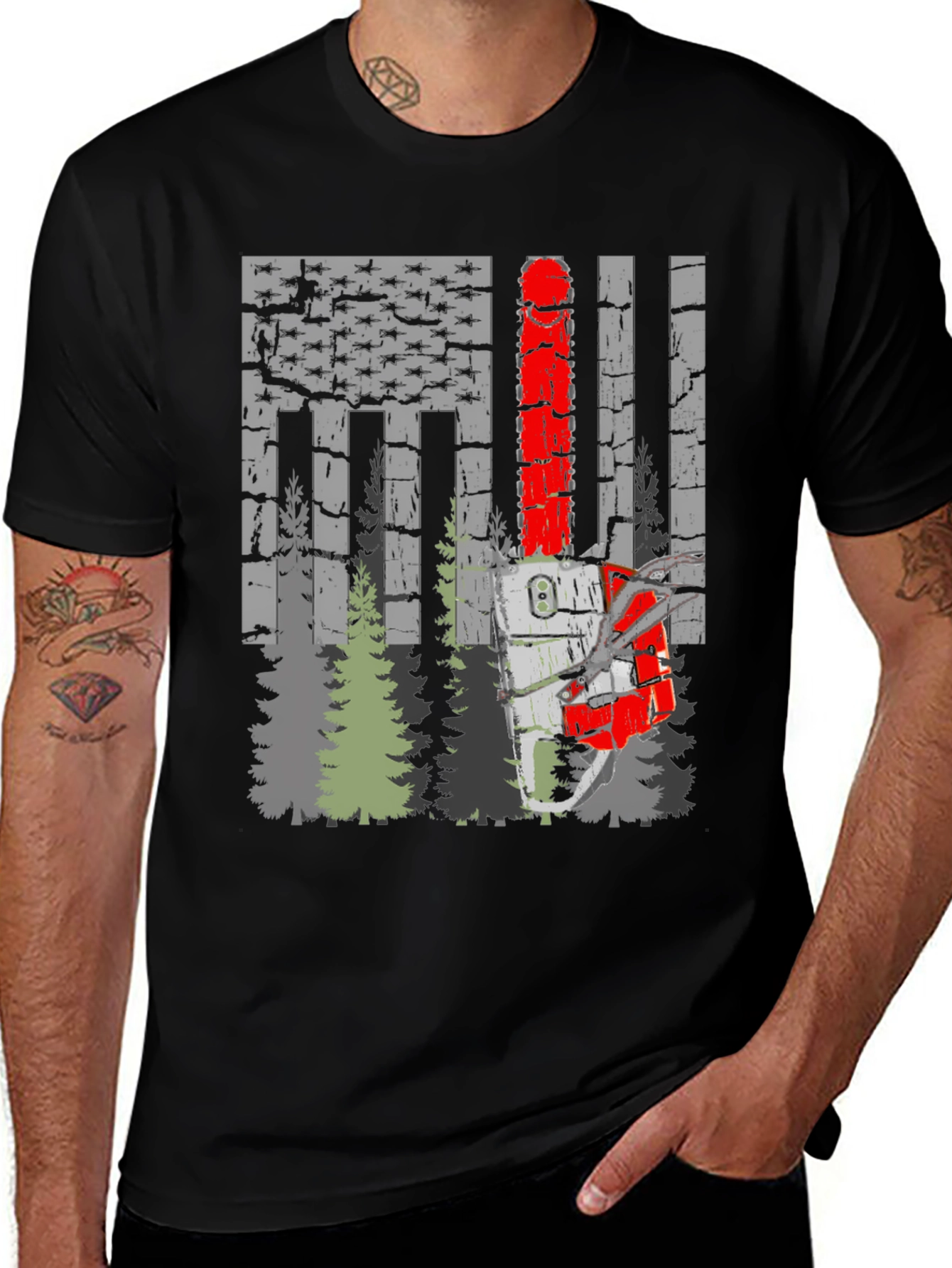 Chainsaw American Flag Forest T-Shirt