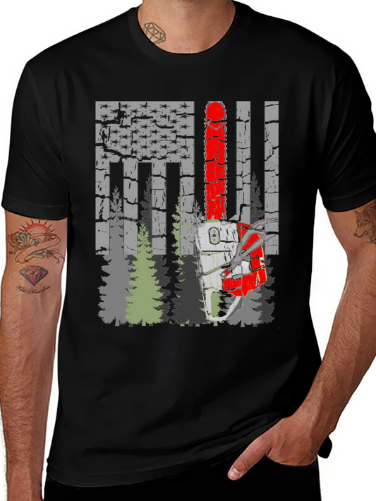 Chainsaw American Flag Forest T-Shirt