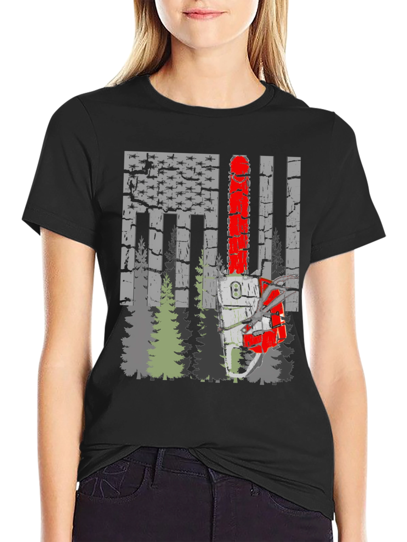 Chainsaw American Flag Forest T-Shirt