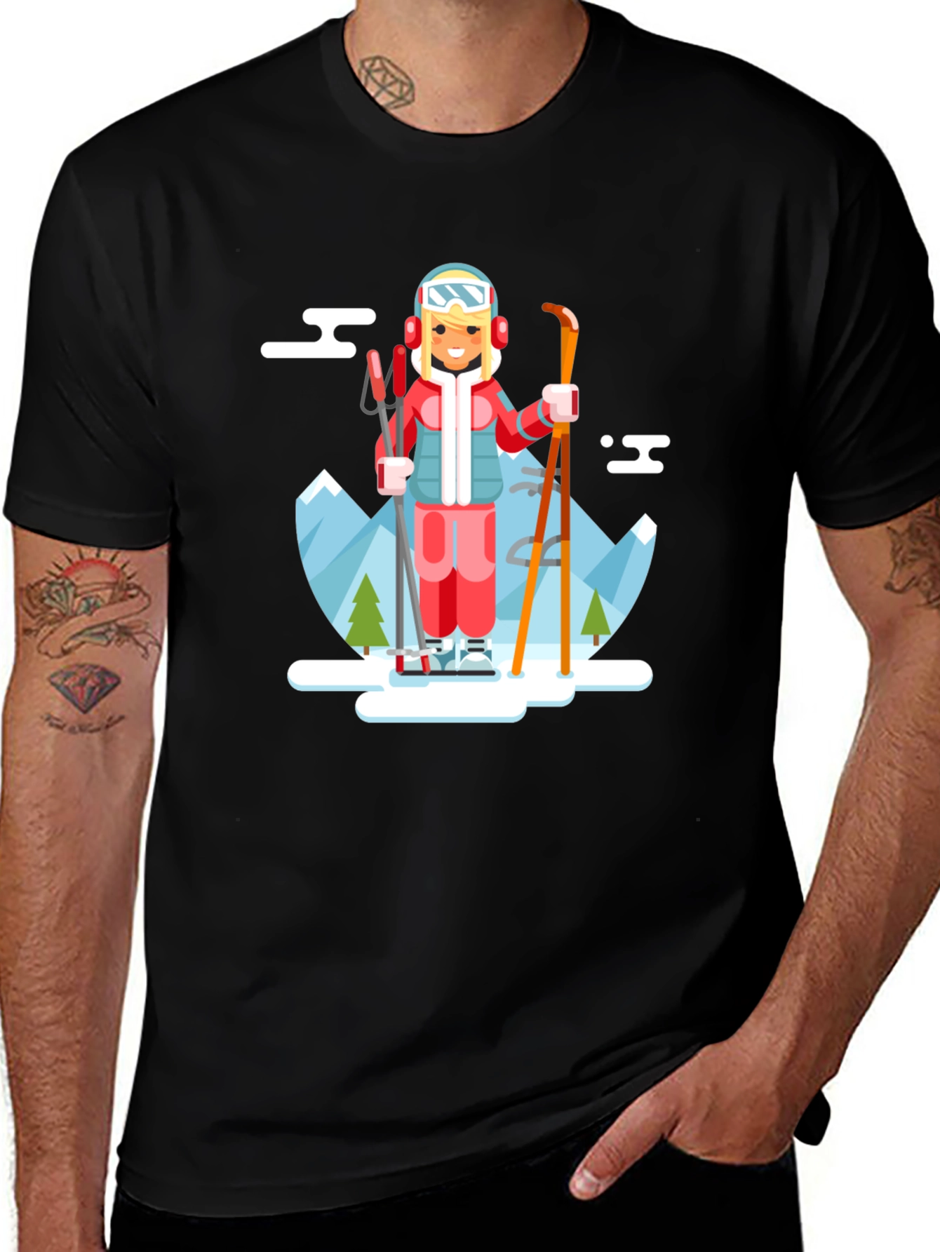 Skiing Girl Graphic T-Shirt - Black Crew Neck Tee