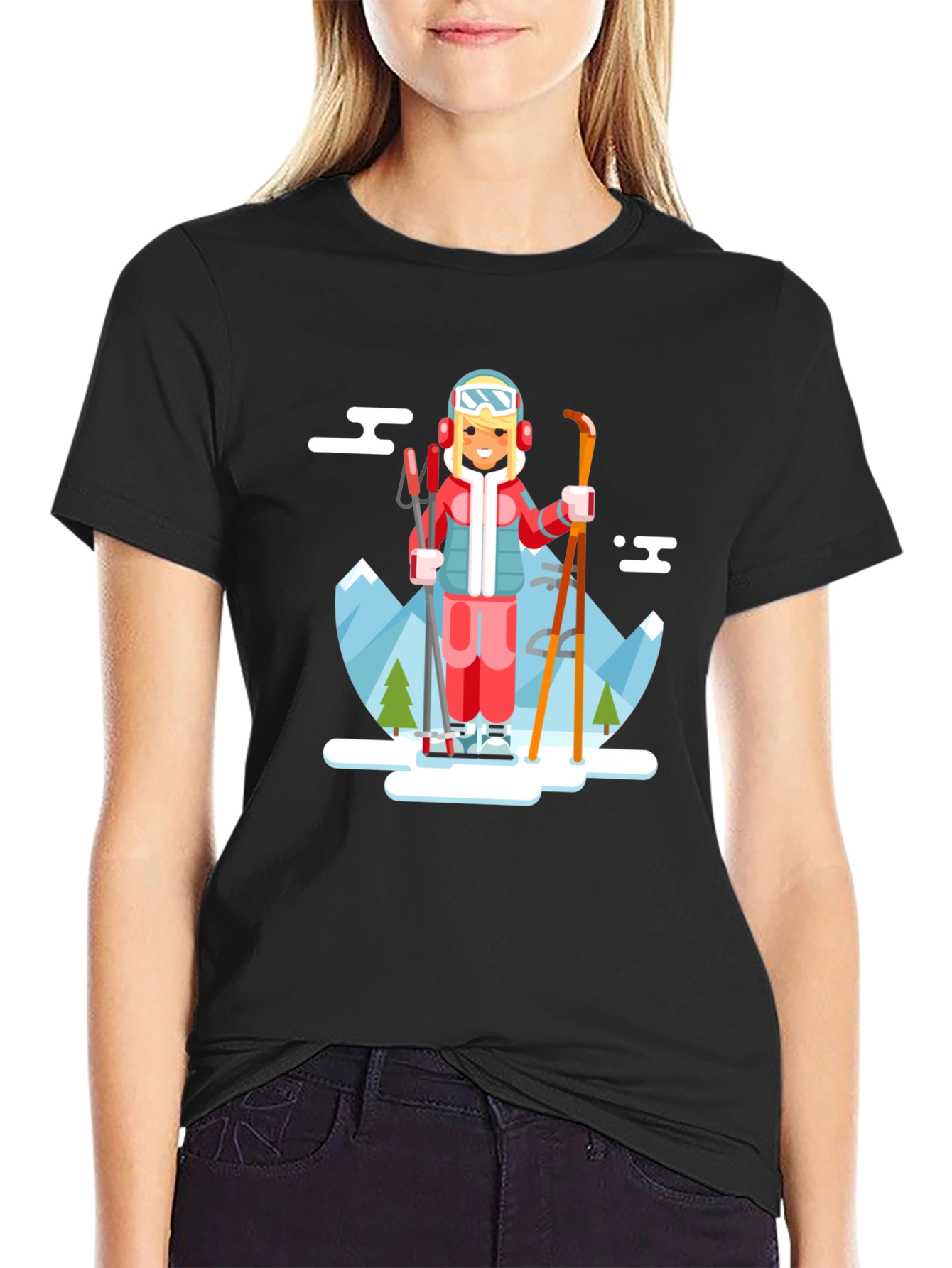 Skiing Girl Graphic T-Shirt - Black Crew Neck Tee