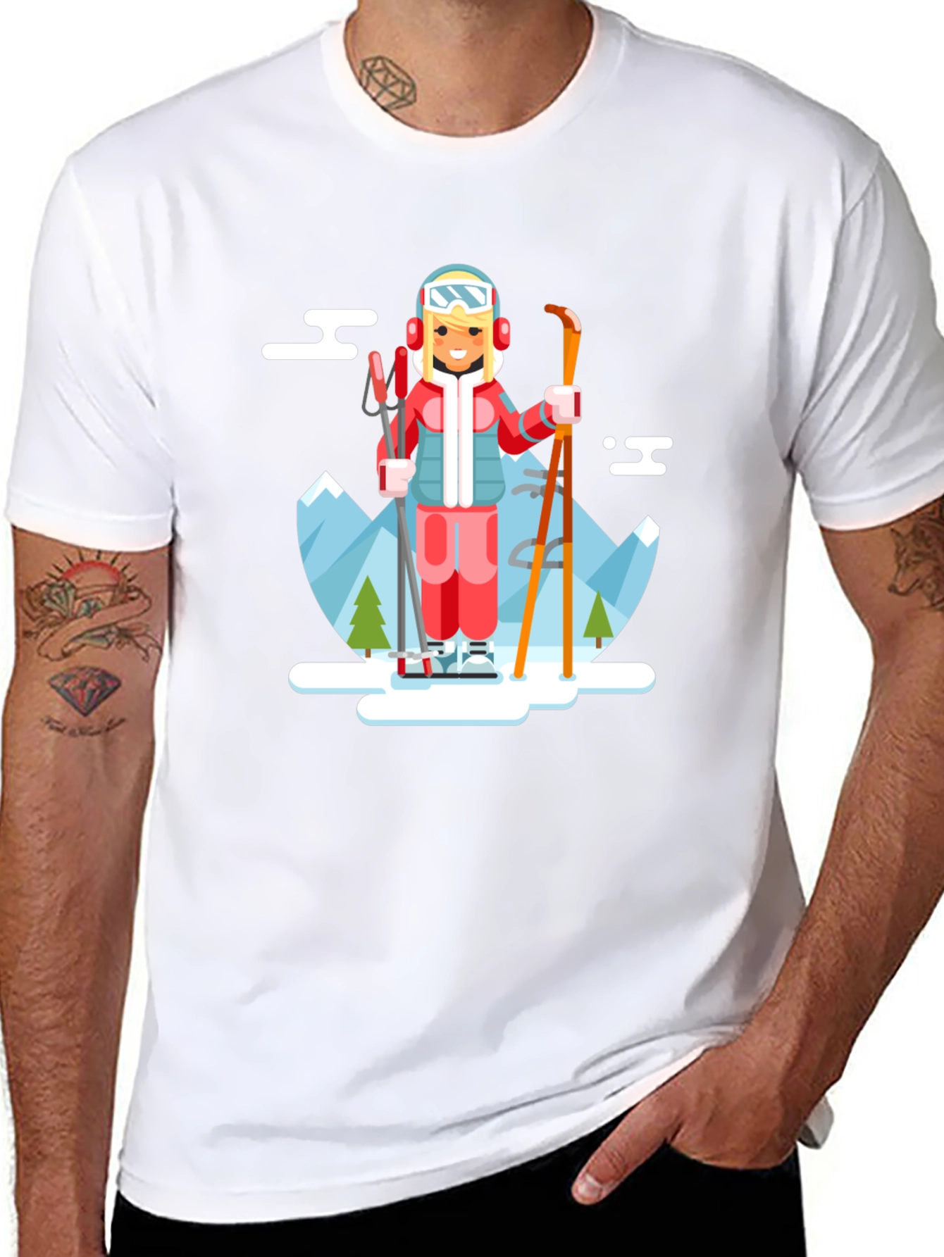 Skiing Girl Graphic T-Shirt - Black Crew Neck Tee
