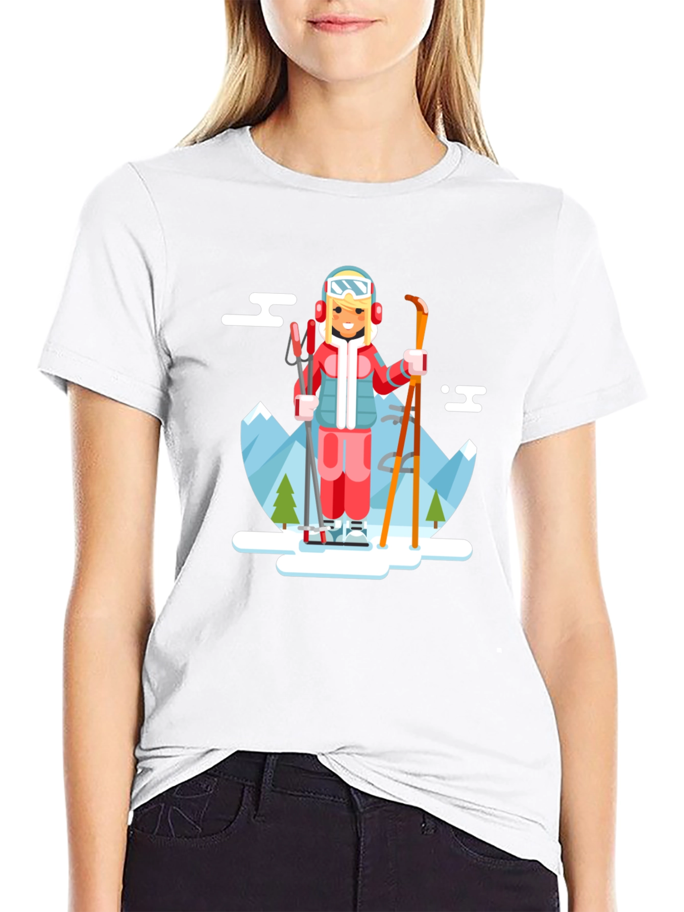 Skiing Girl Graphic T-Shirt - Black Crew Neck Tee