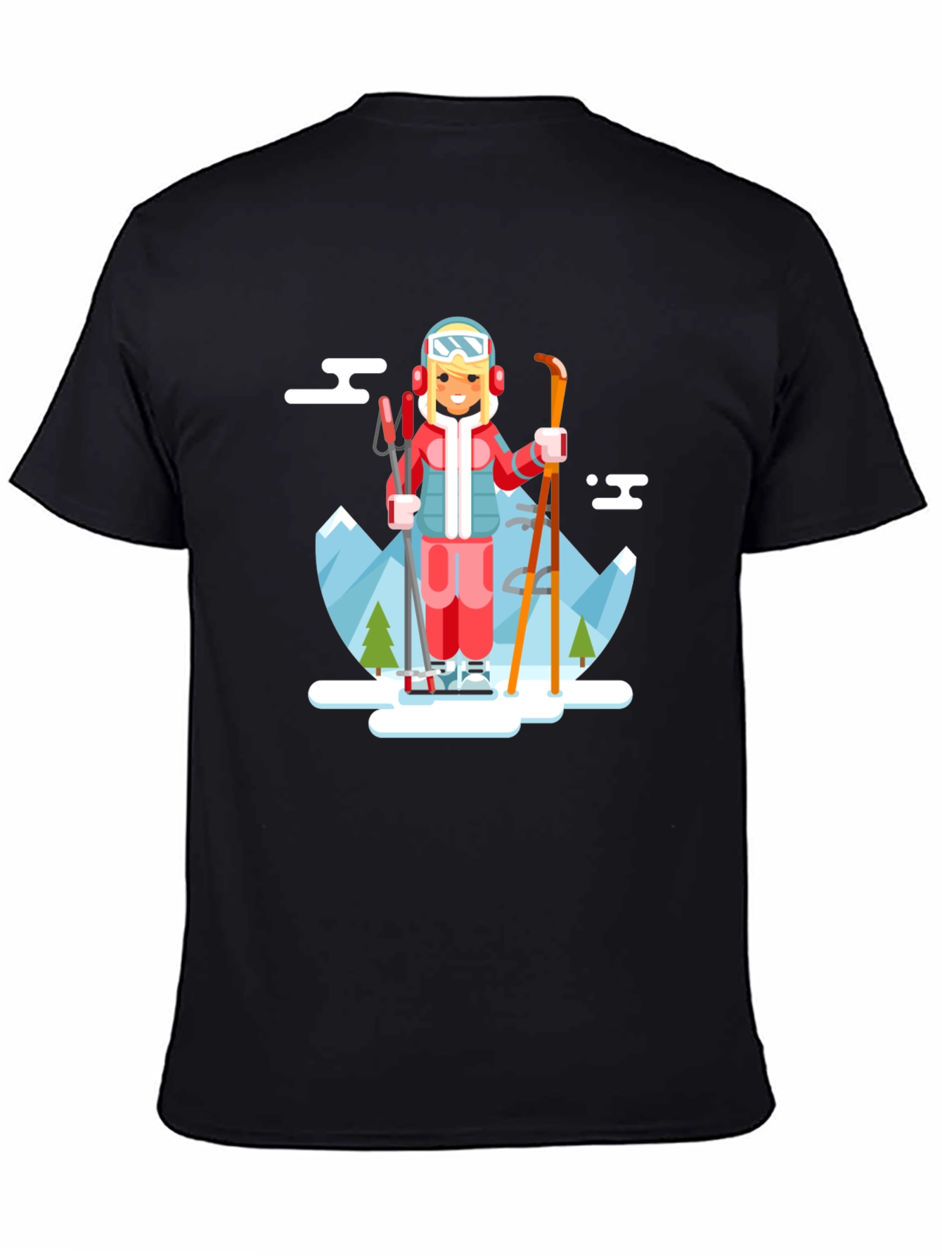 Skiing Girl Graphic T-Shirt - Black Crew Neck Tee