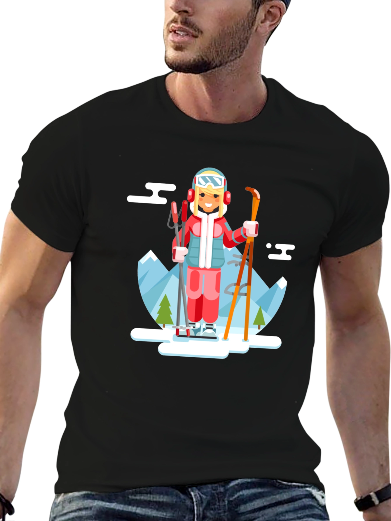 Skiing Girl Graphic T-Shirt - Black Crew Neck Tee