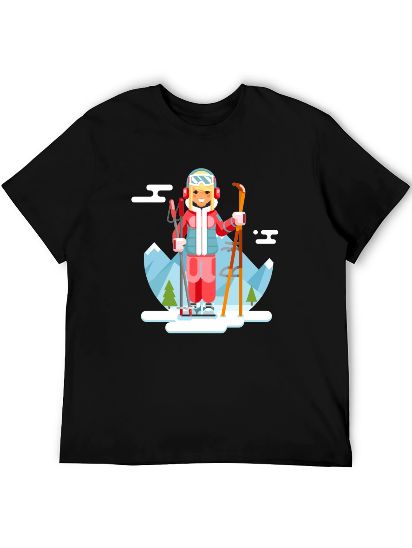 Skiing Girl Graphic T-Shirt - Black Crew Neck Tee
