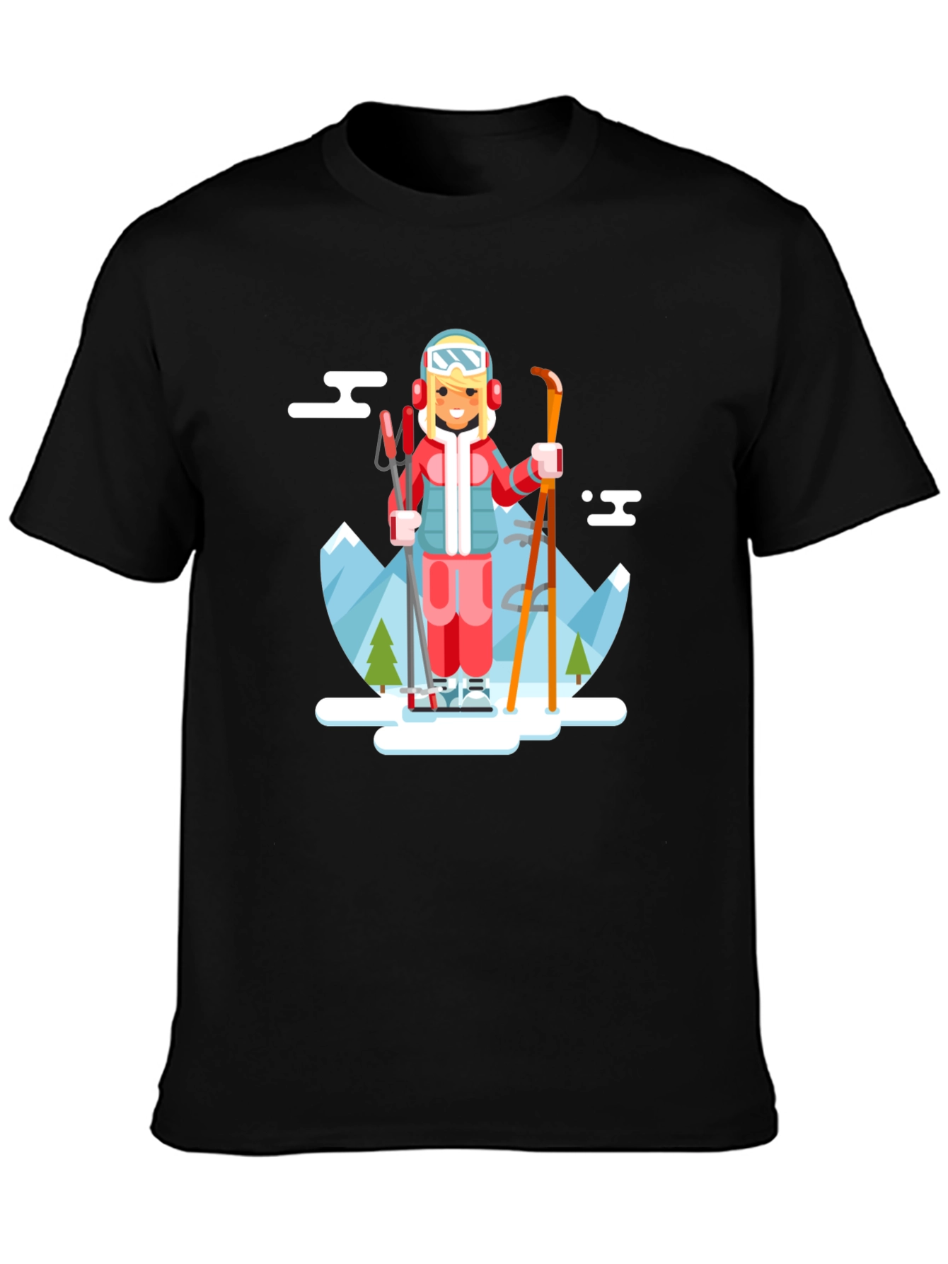 Skiing Girl Graphic T-Shirt - Black Crew Neck Tee