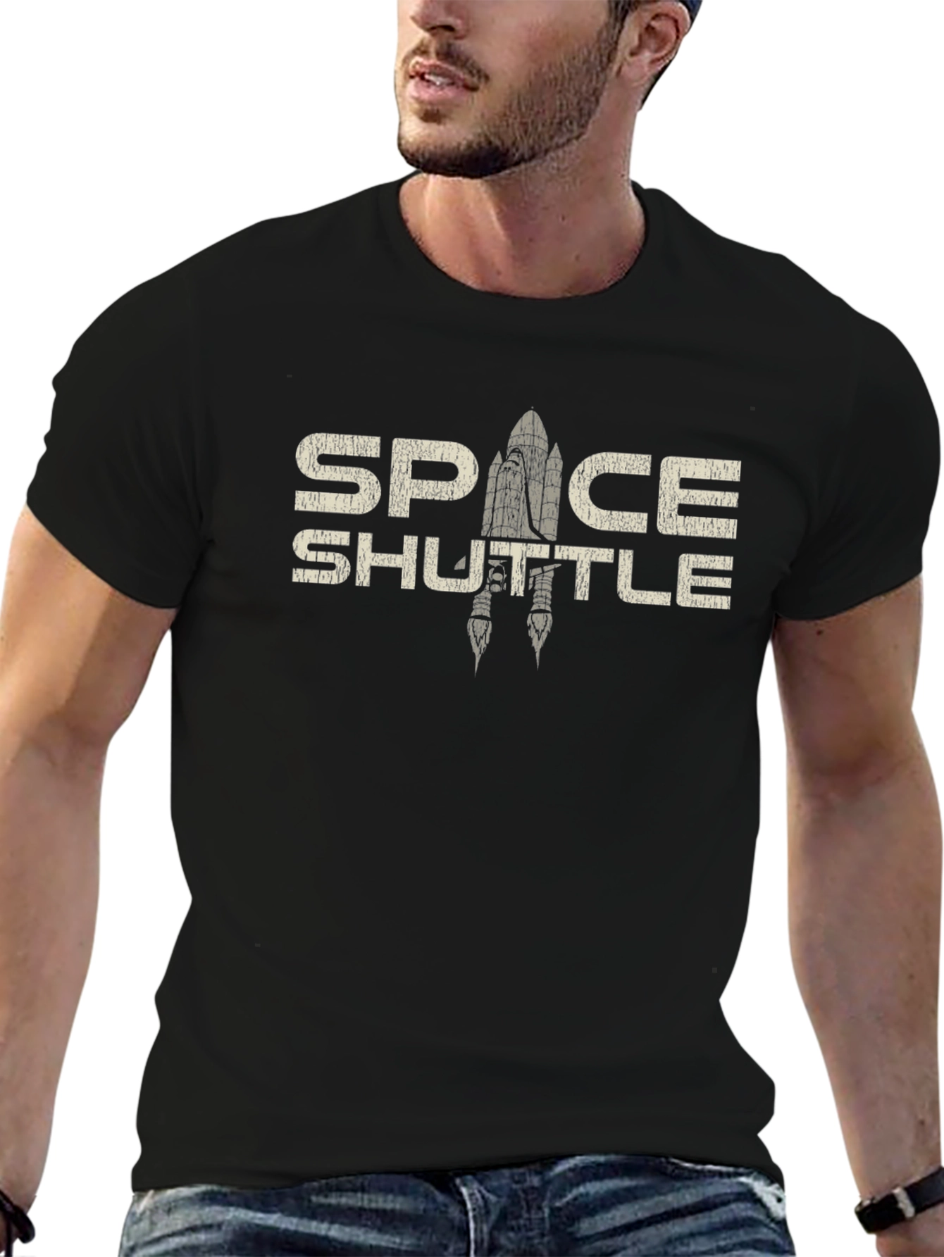 Space Shuttle Graphic Print Black T-Shirt
