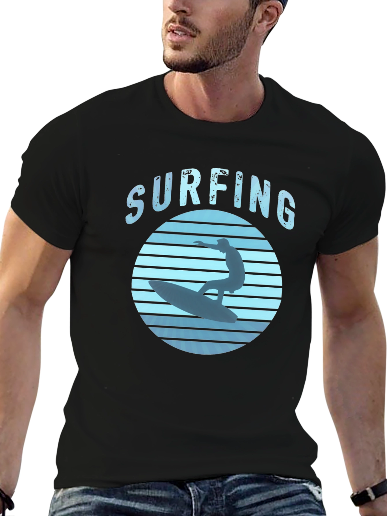 Surfing Graphic Tee - Black Cotton T-Shirt