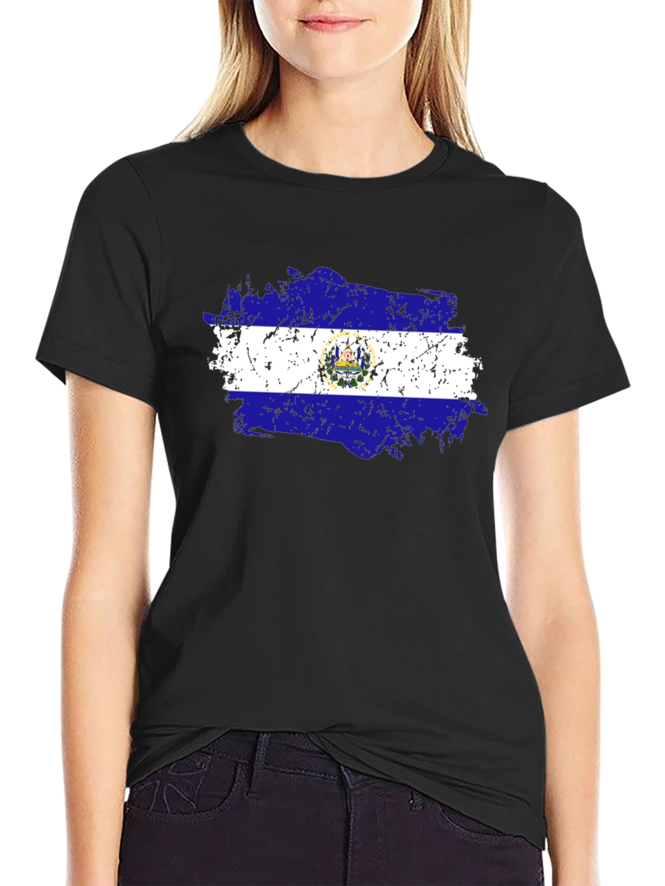 El Salvador Flag T-Shirt Black Cotton Tee