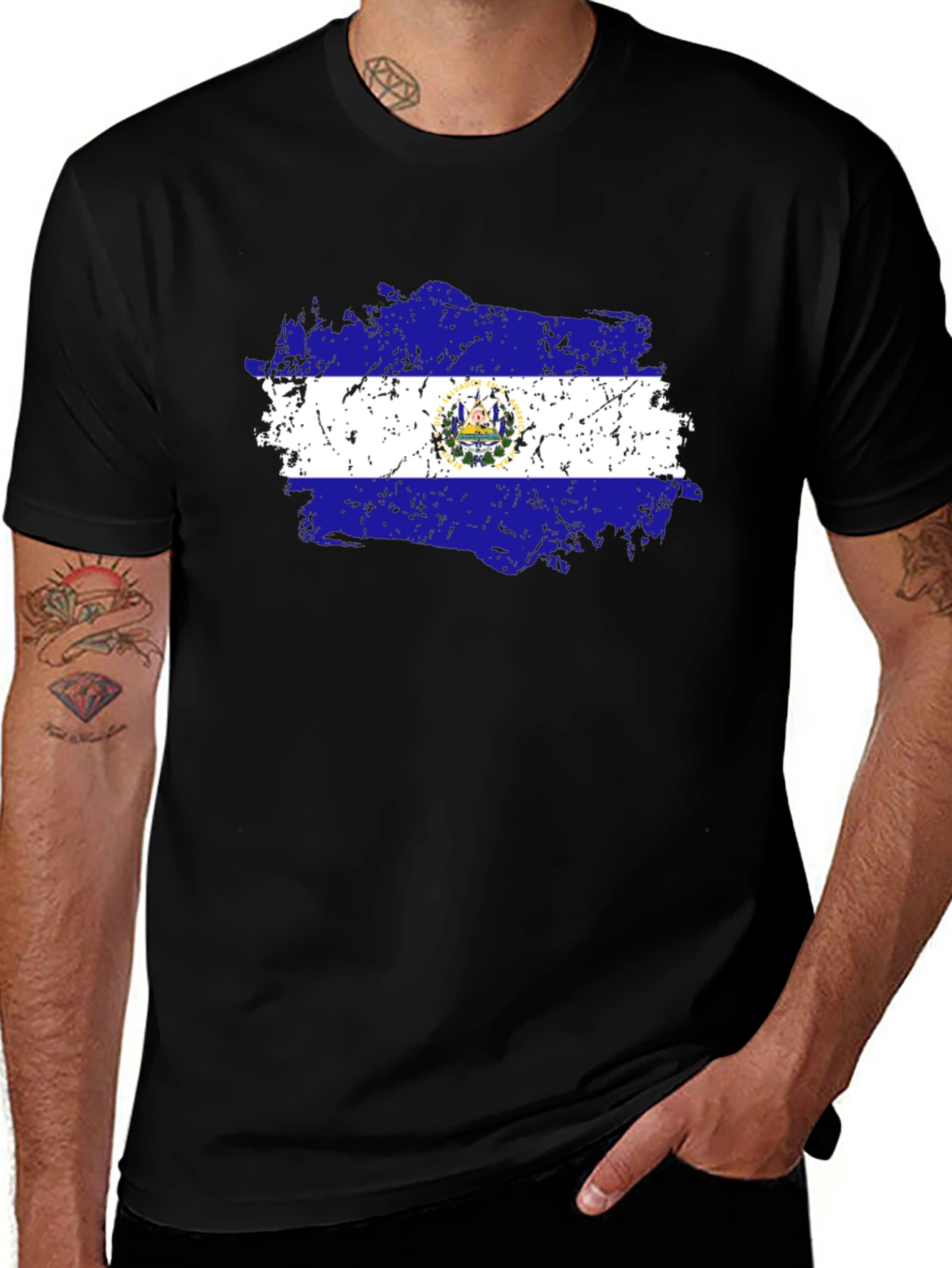 El Salvador Flag T-Shirt Black Cotton Tee