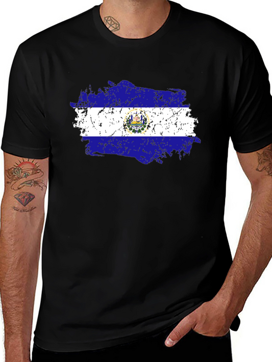 El Salvador Flag T-Shirt Black Cotton Tee