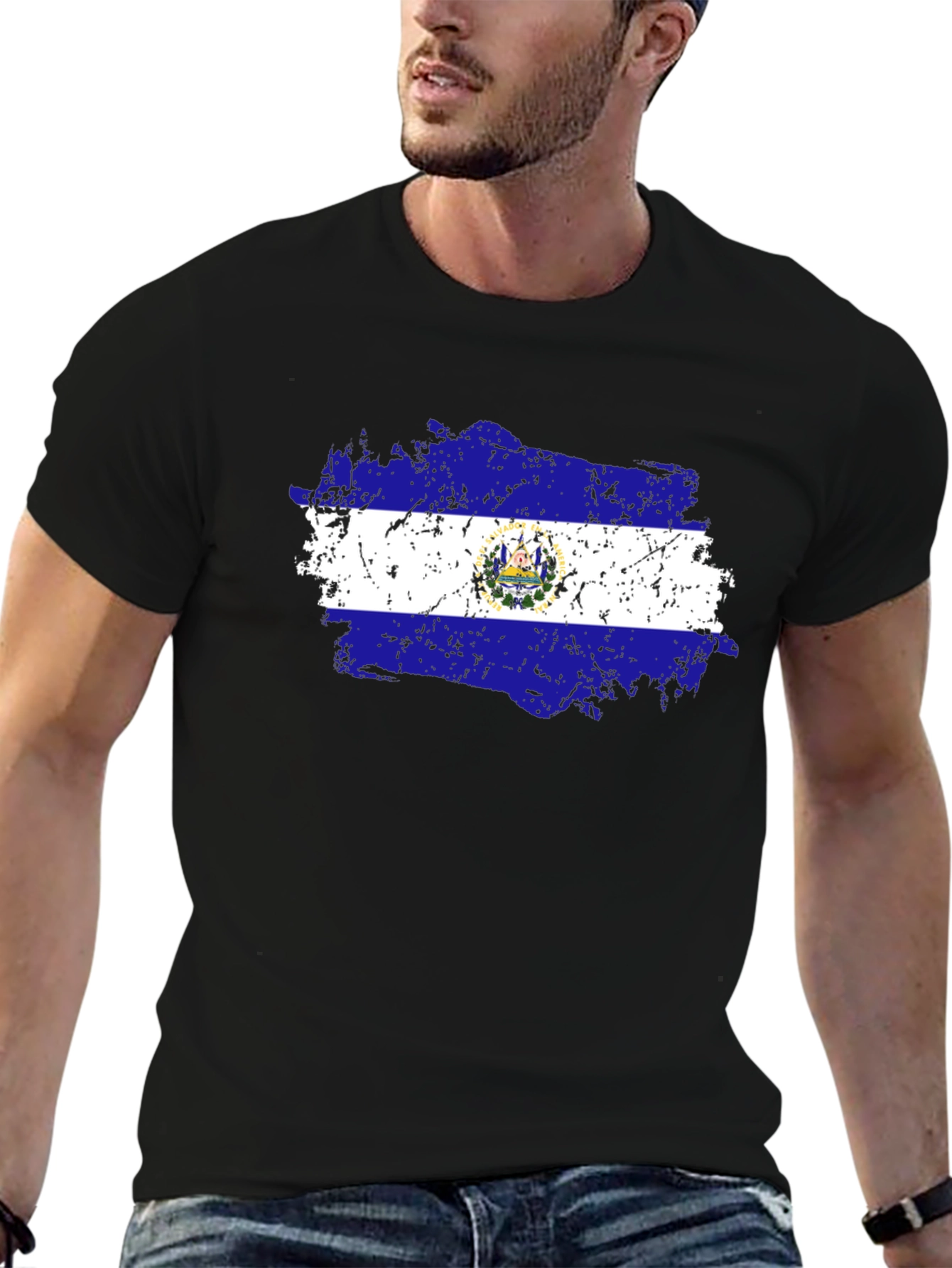 El Salvador Flag T-Shirt Black Cotton Tee