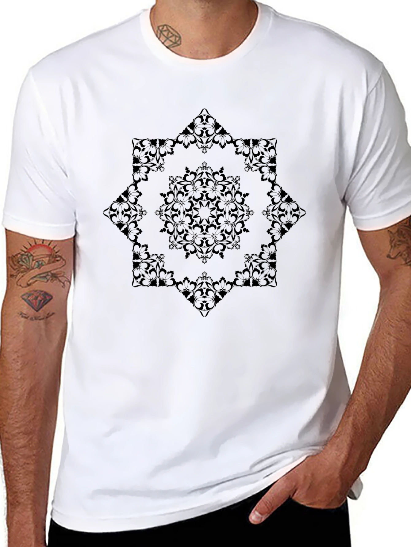Elegant Floral Mandala Graphic Black T-Shirt