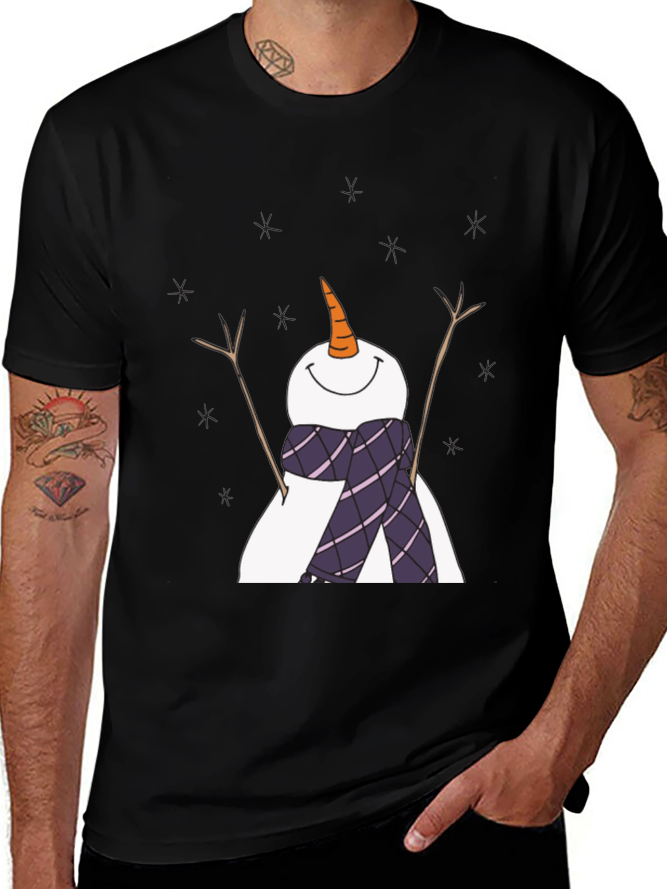 Snowman Graphic Tee - Black Cotton Holiday Shirt