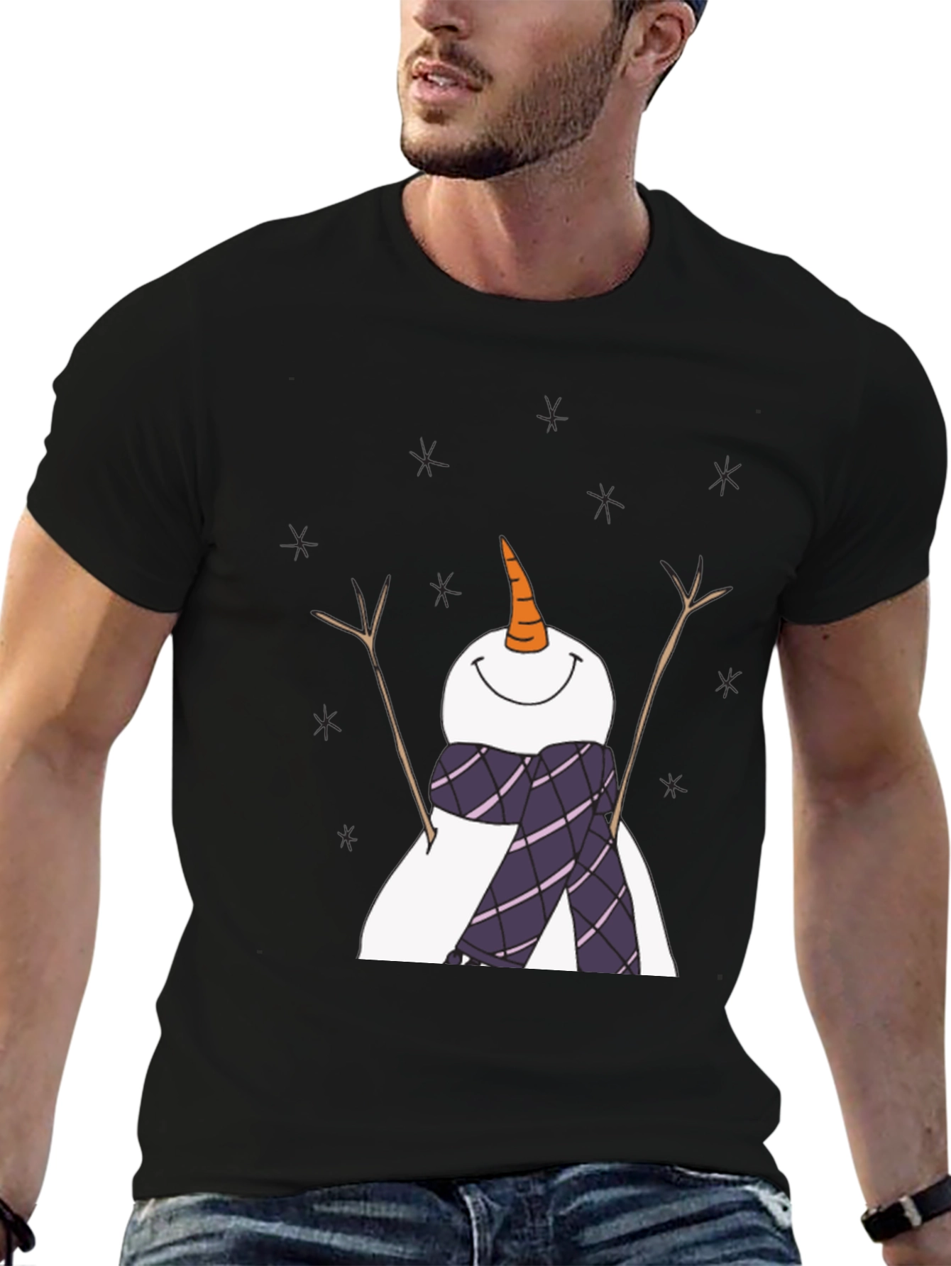 Snowman Graphic Tee - Black Cotton Holiday Shirt