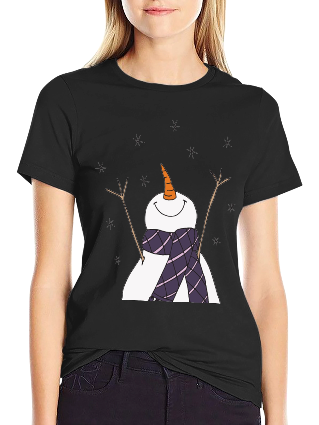 Snowman Graphic Tee - Black Cotton Holiday Shirt