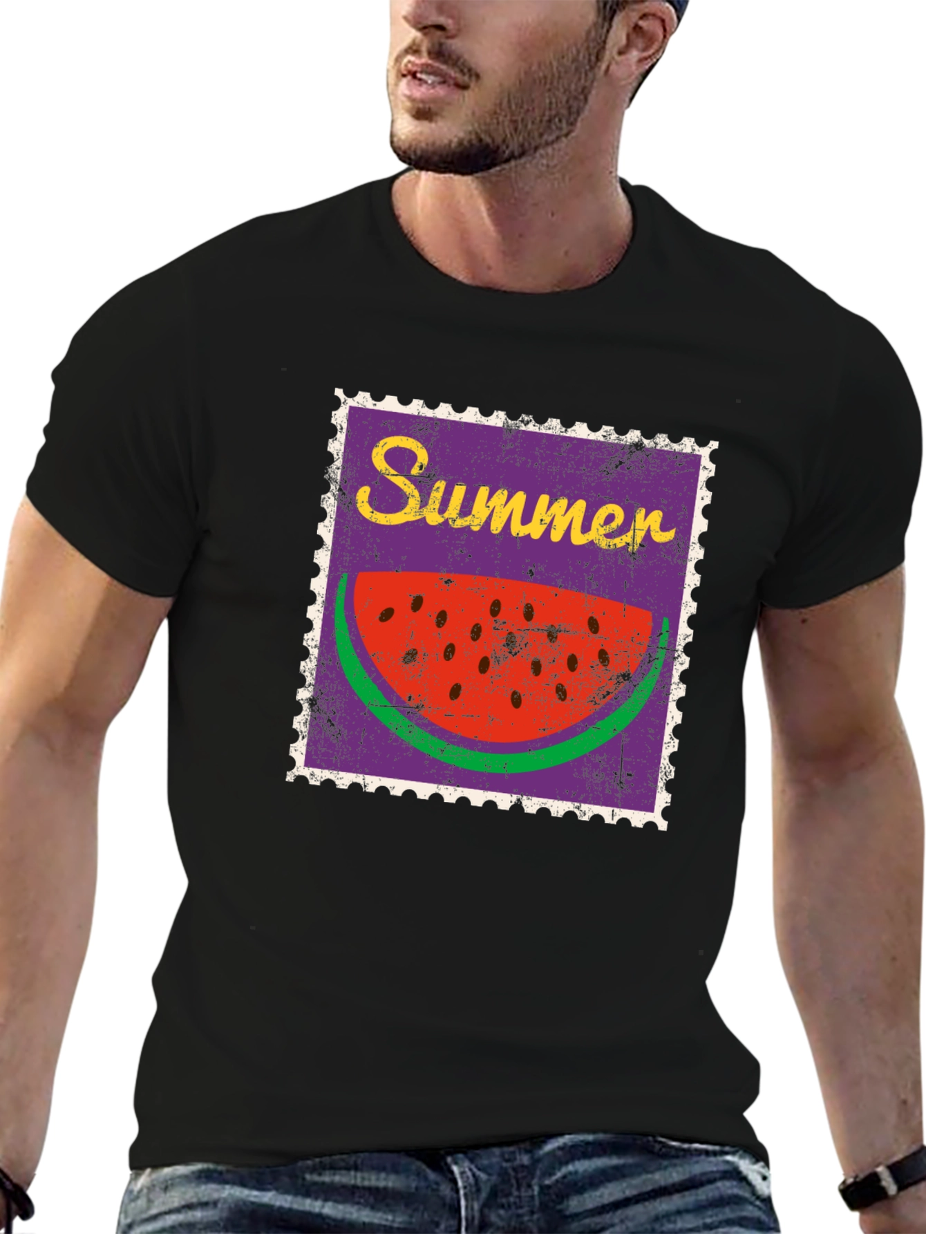 Summer Watermelon Stamp Black T-Shirt