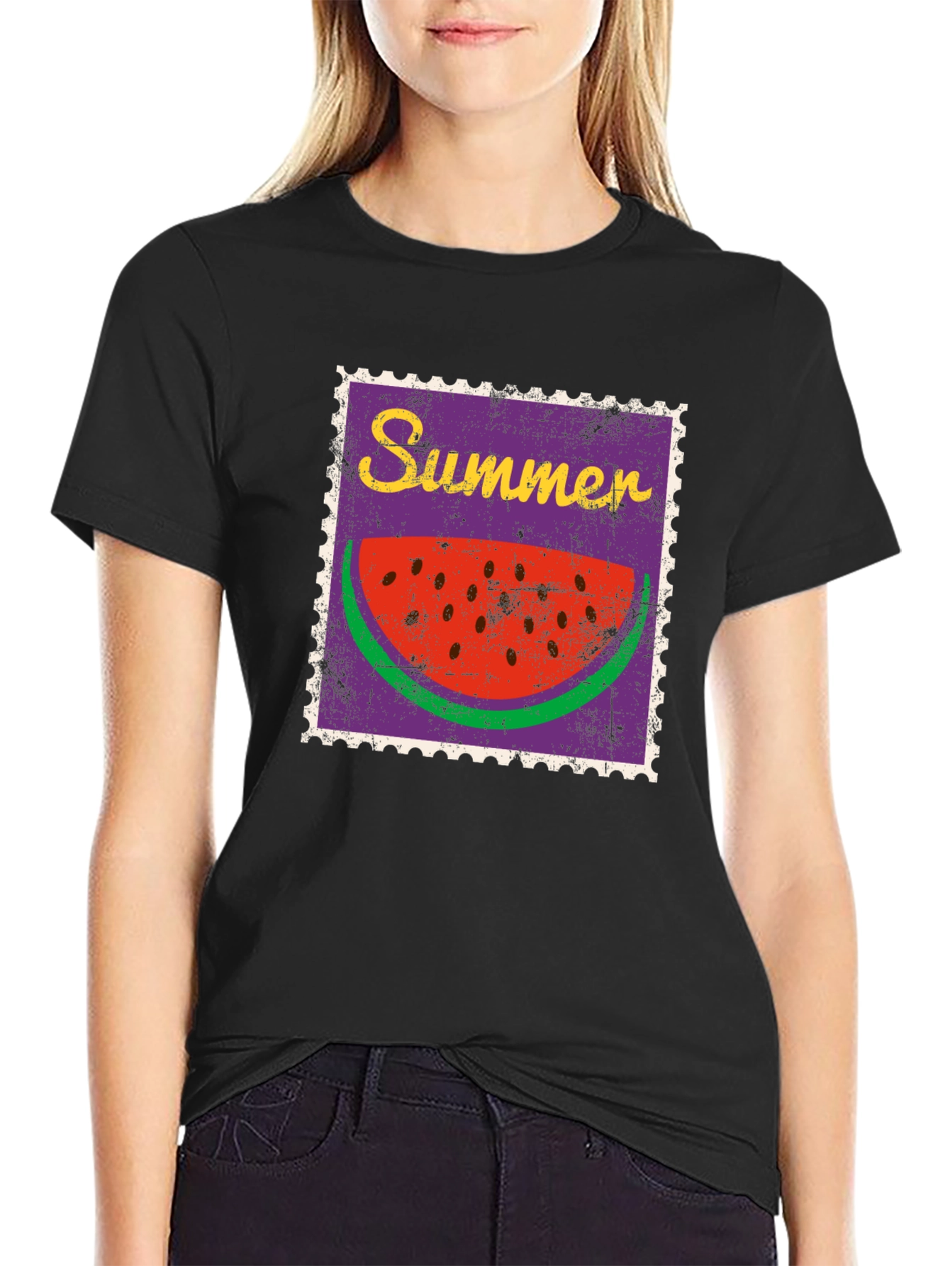 Summer Watermelon Stamp Black T-Shirt