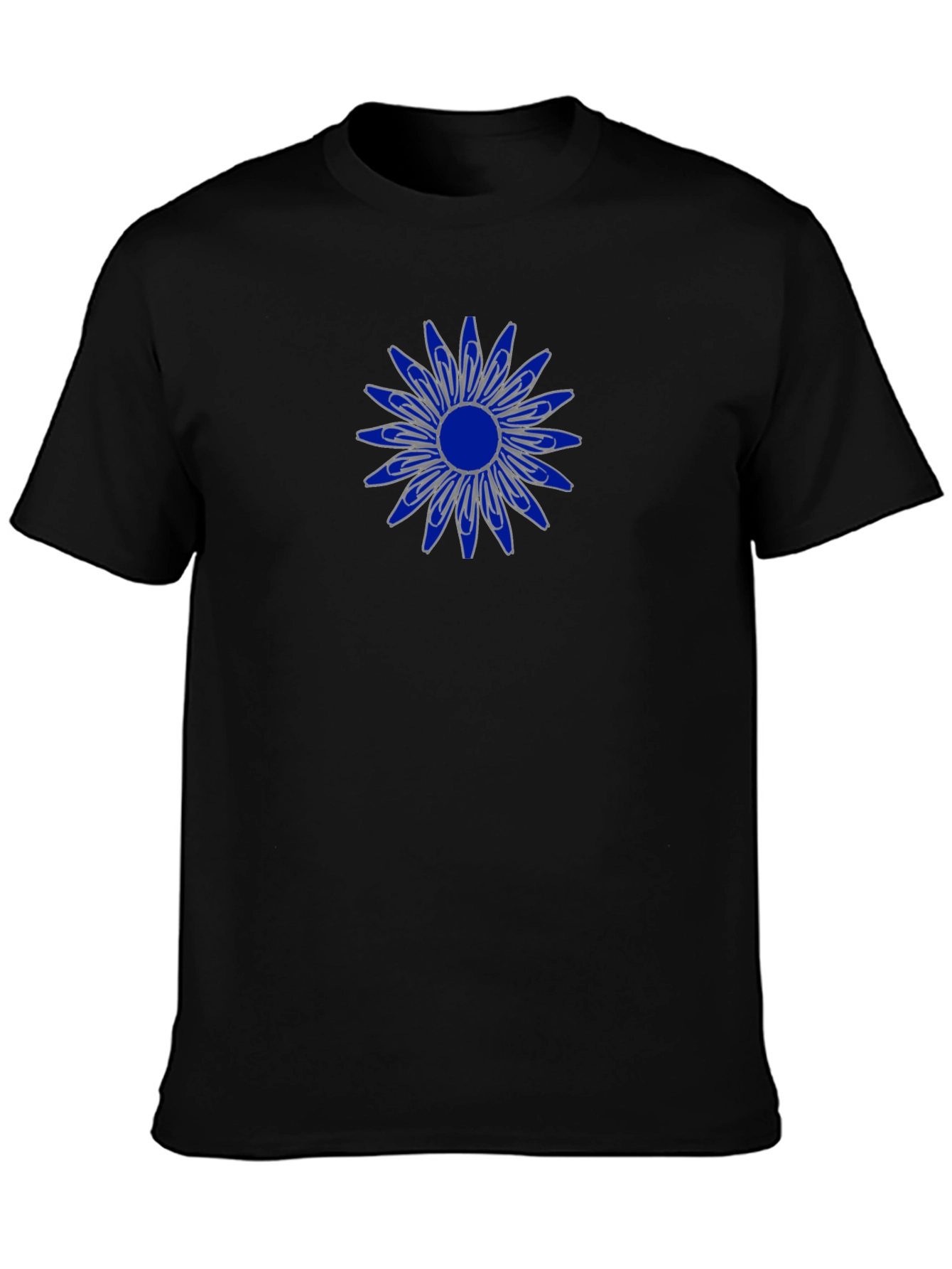 Mens Black T-Shirt with Blue Flower Design