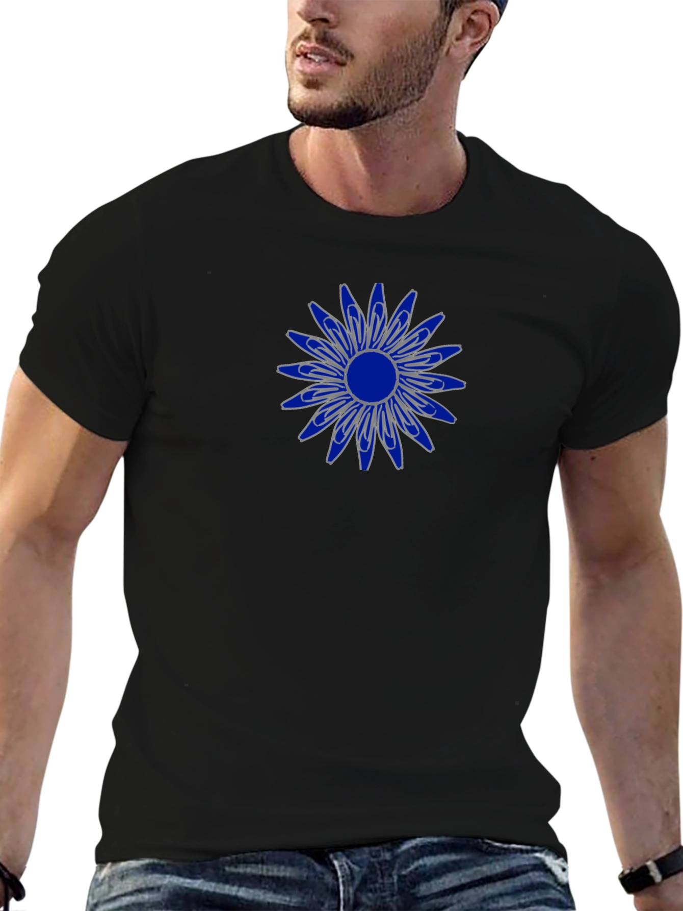 Mens Black T-Shirt with Blue Flower Design