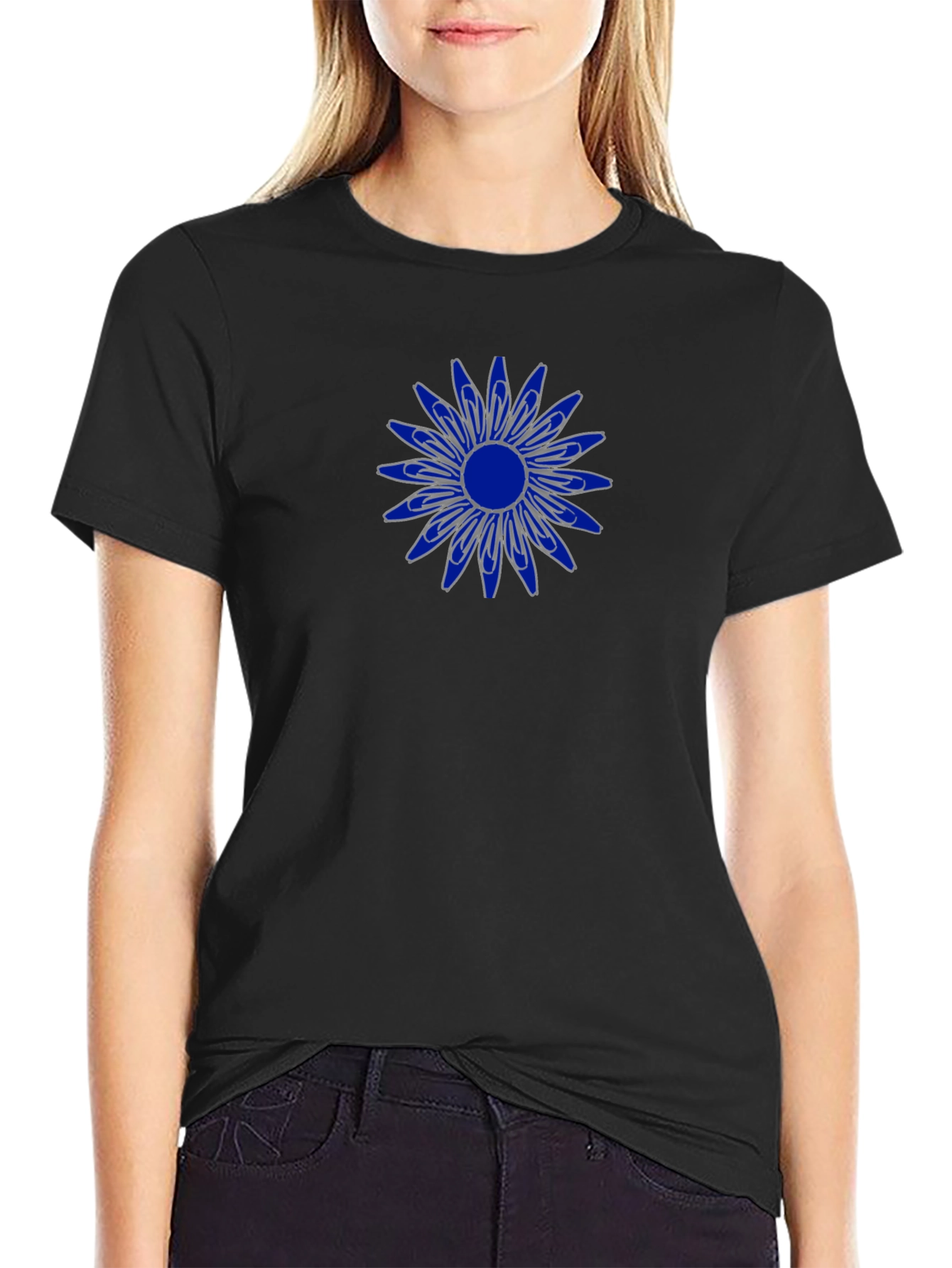 Mens Black T-Shirt with Blue Flower Design