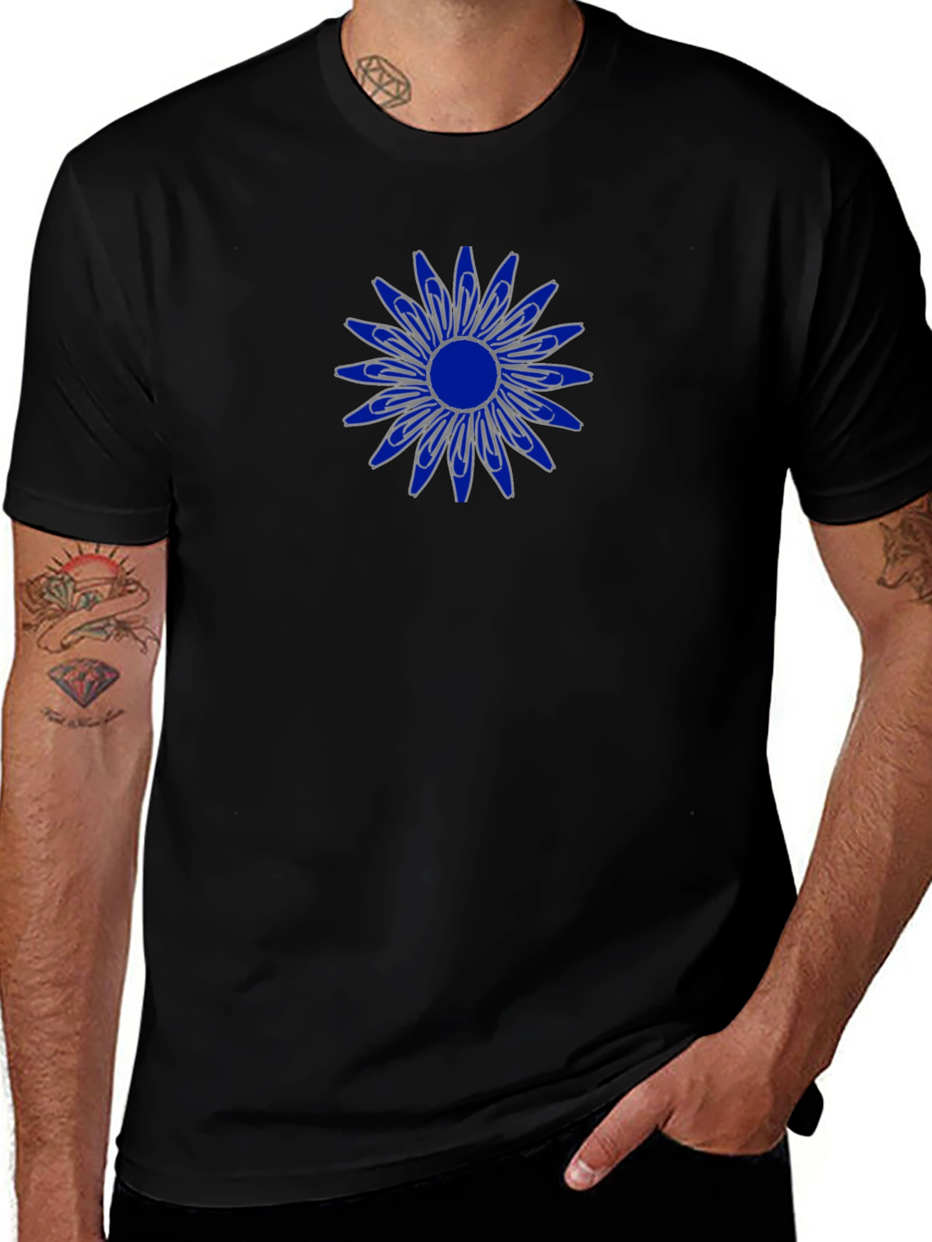 Mens Black T-Shirt with Blue Flower Design