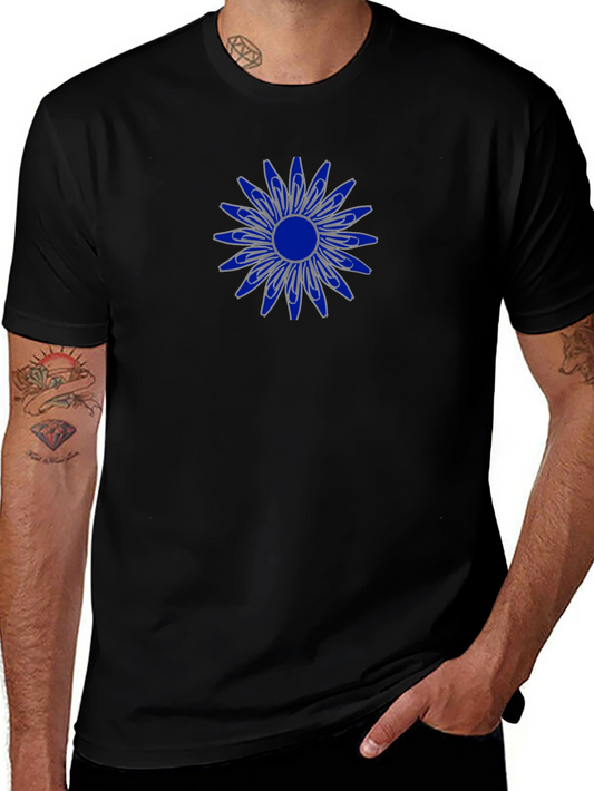 Mens Black T-Shirt with Blue Flower Design