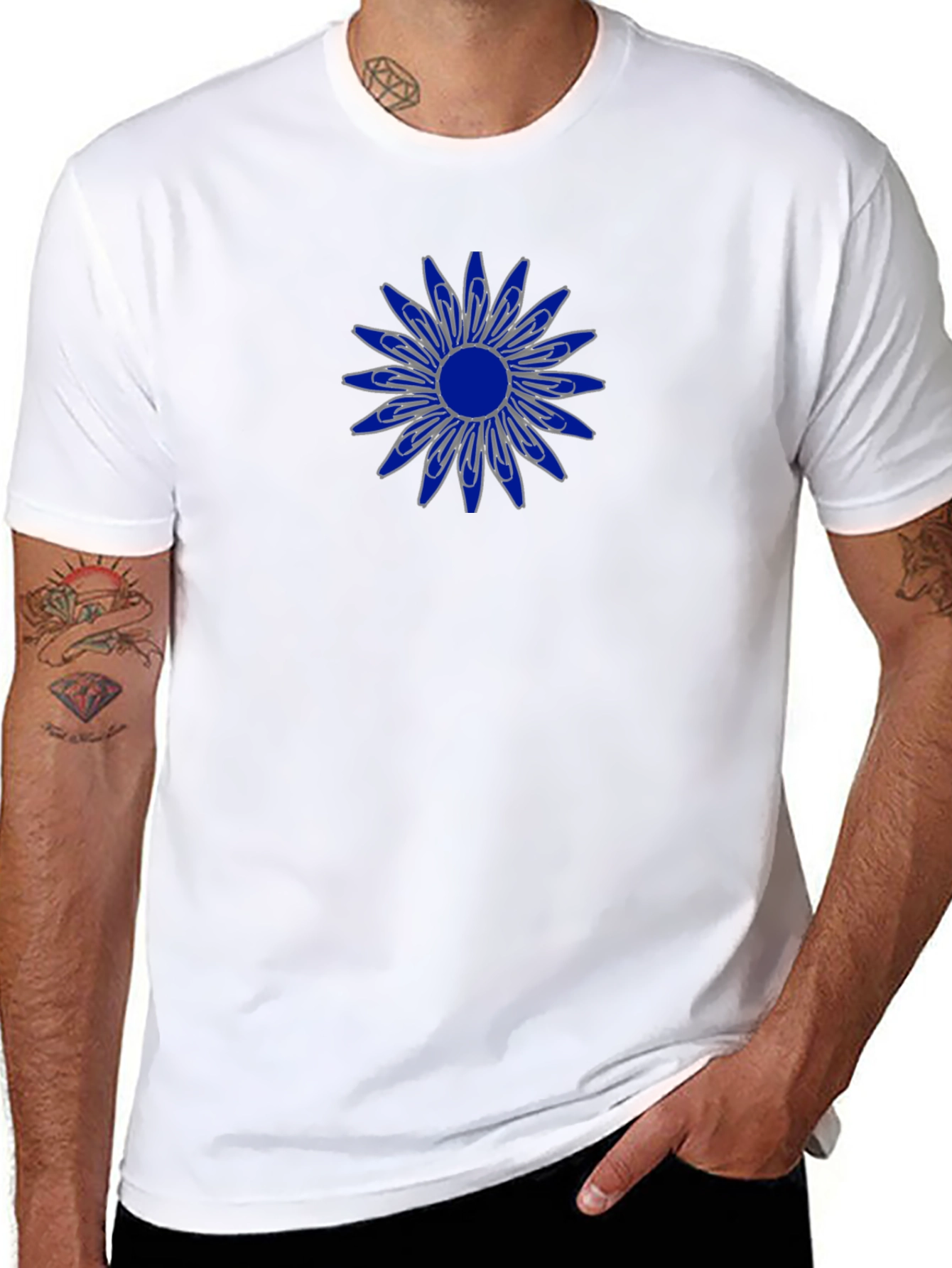 Mens Black T-Shirt with Blue Flower Design