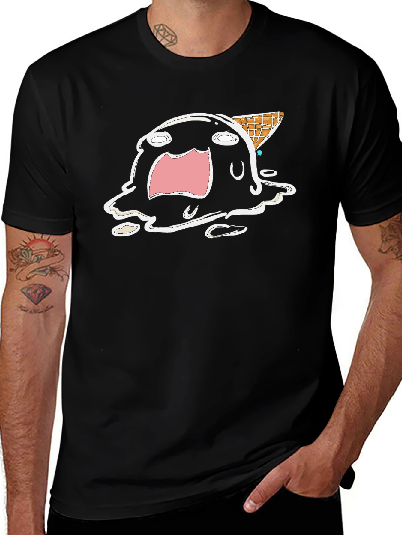Melting Ice Cream Cartoon Graphic Tee - Black