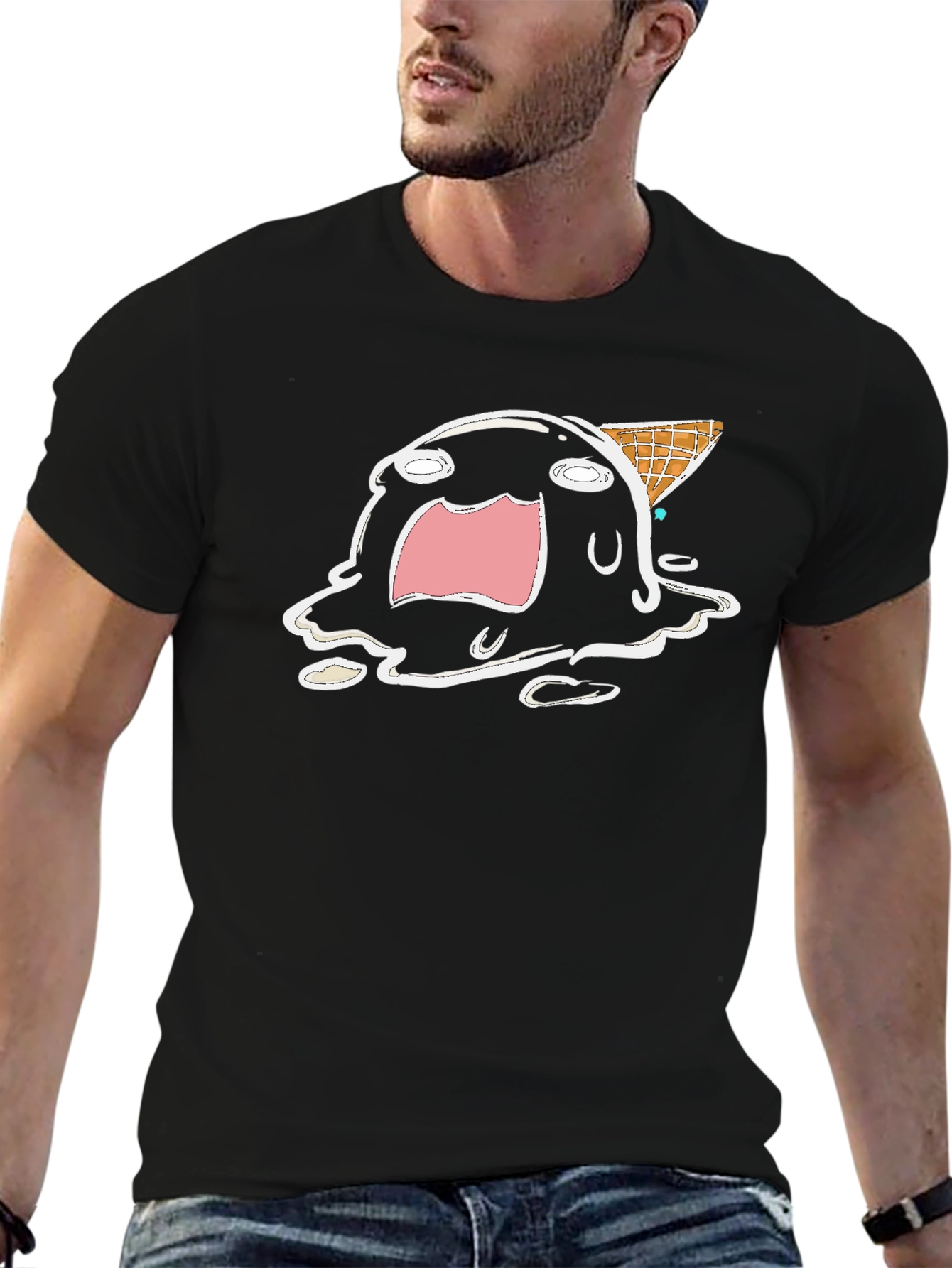 Melting Ice Cream Cartoon Graphic Tee - Black