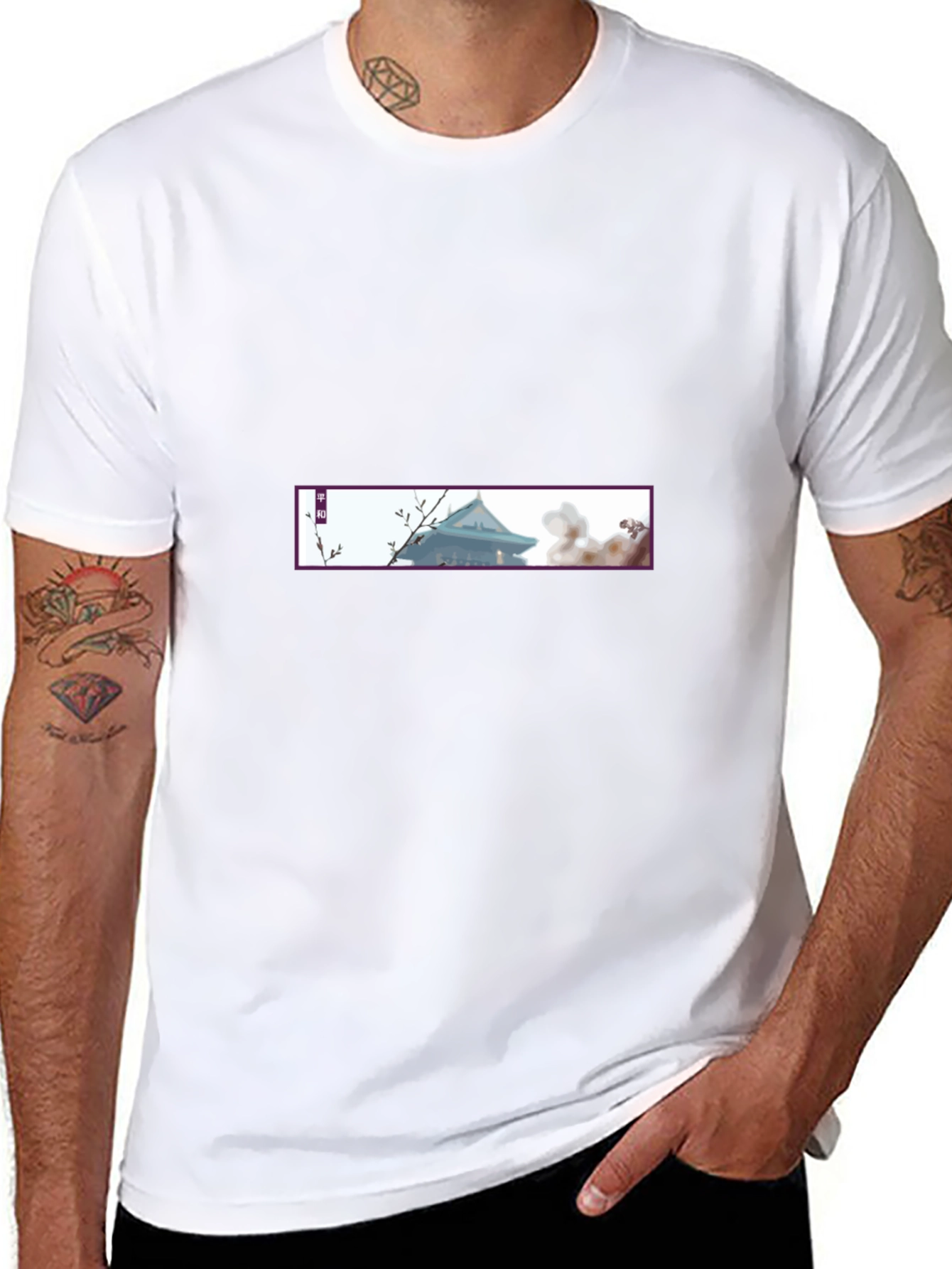 Black Tee with Asian-Inspired Temple Design
