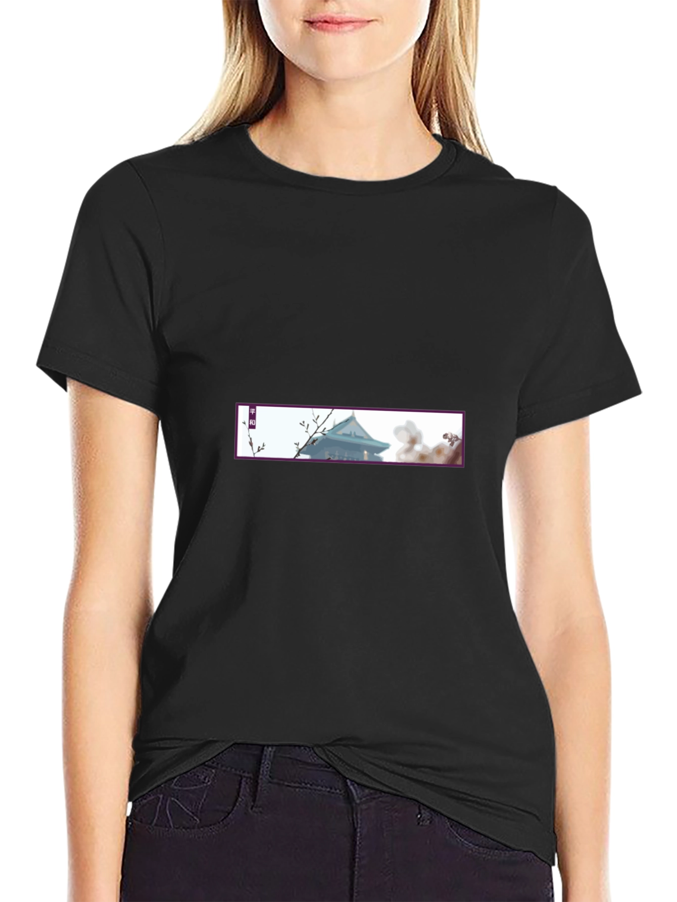 Black Tee with Asian-Inspired Temple Design