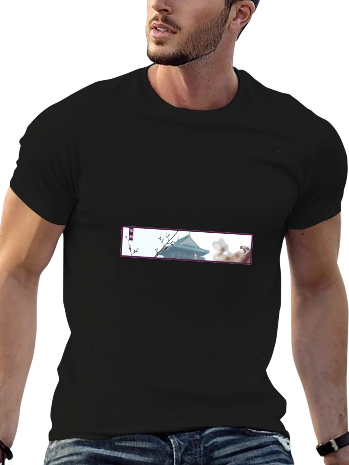 Black Tee with Asian-Inspired Temple Design